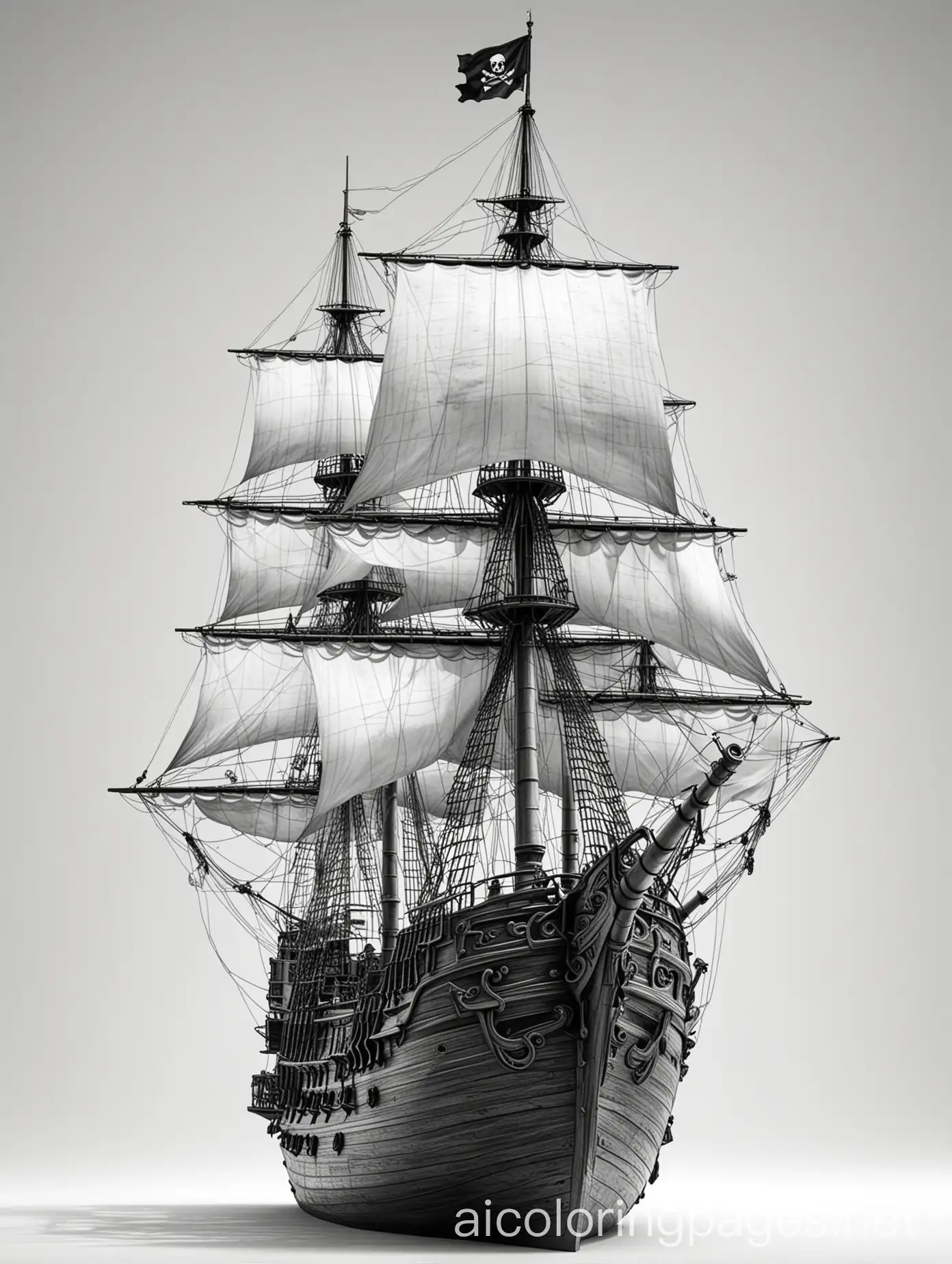 a captivating photo-realistic image of a pirate ship, crew on deck , Coloring Page, black and white, line art, white background, Simplicity, Ample White Space