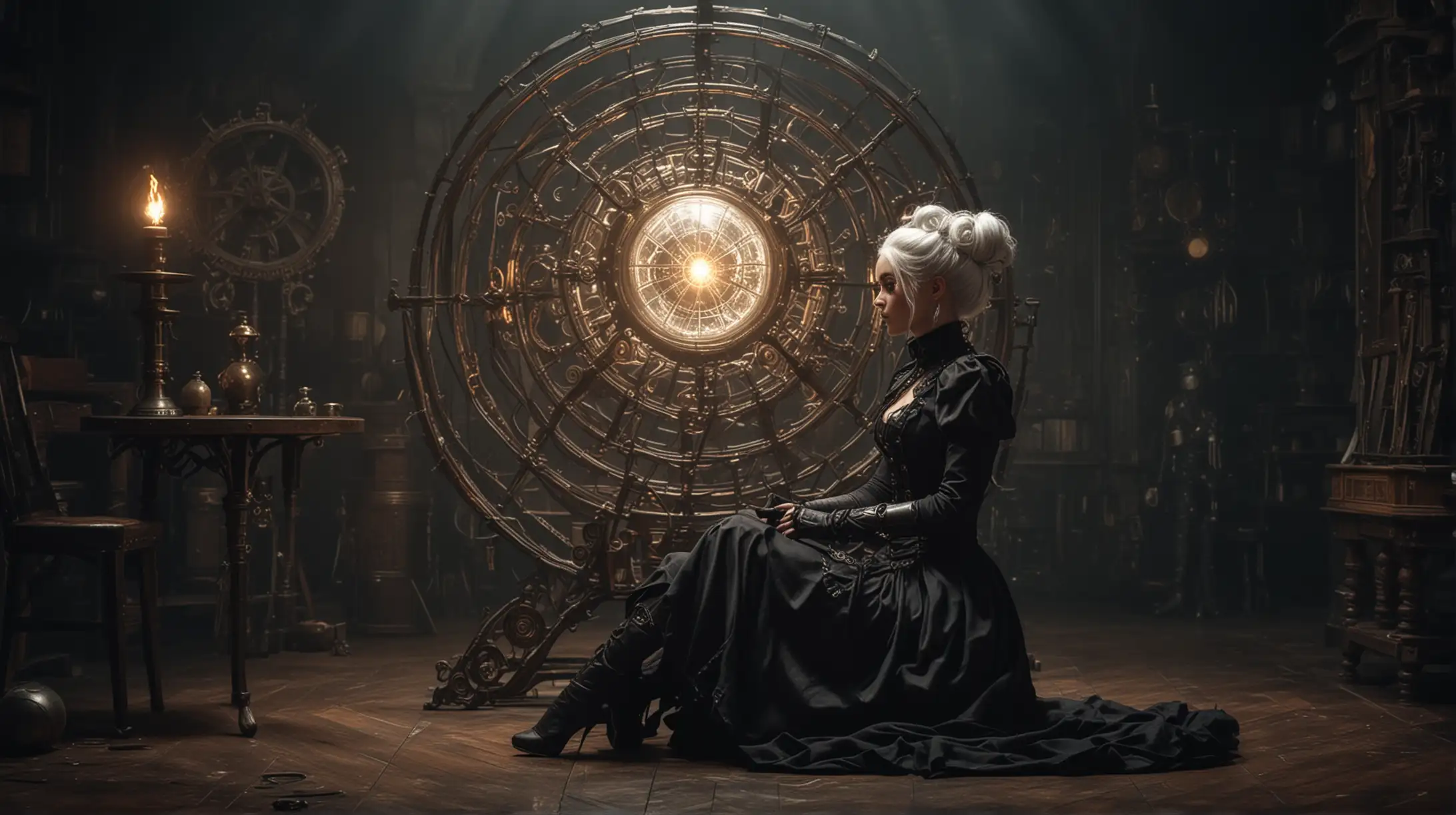 a steampunk woman with white hair, in a black steampunk dress, sits in a completely dark room and looks at a magic sphere, which is on a round table, the sphere shines intensely