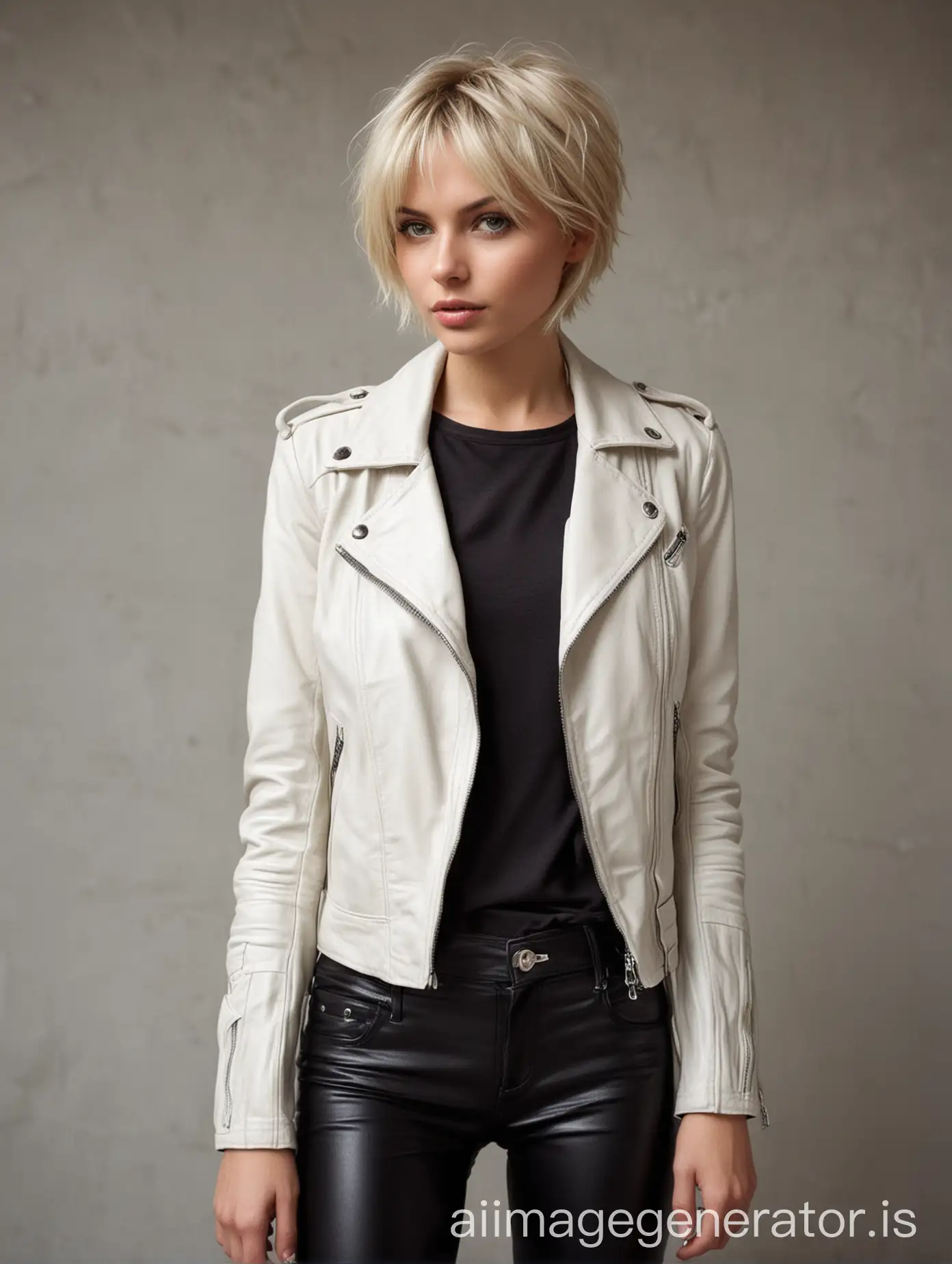 short hair blond beatiful, thin withe leather pants and biker jacket real