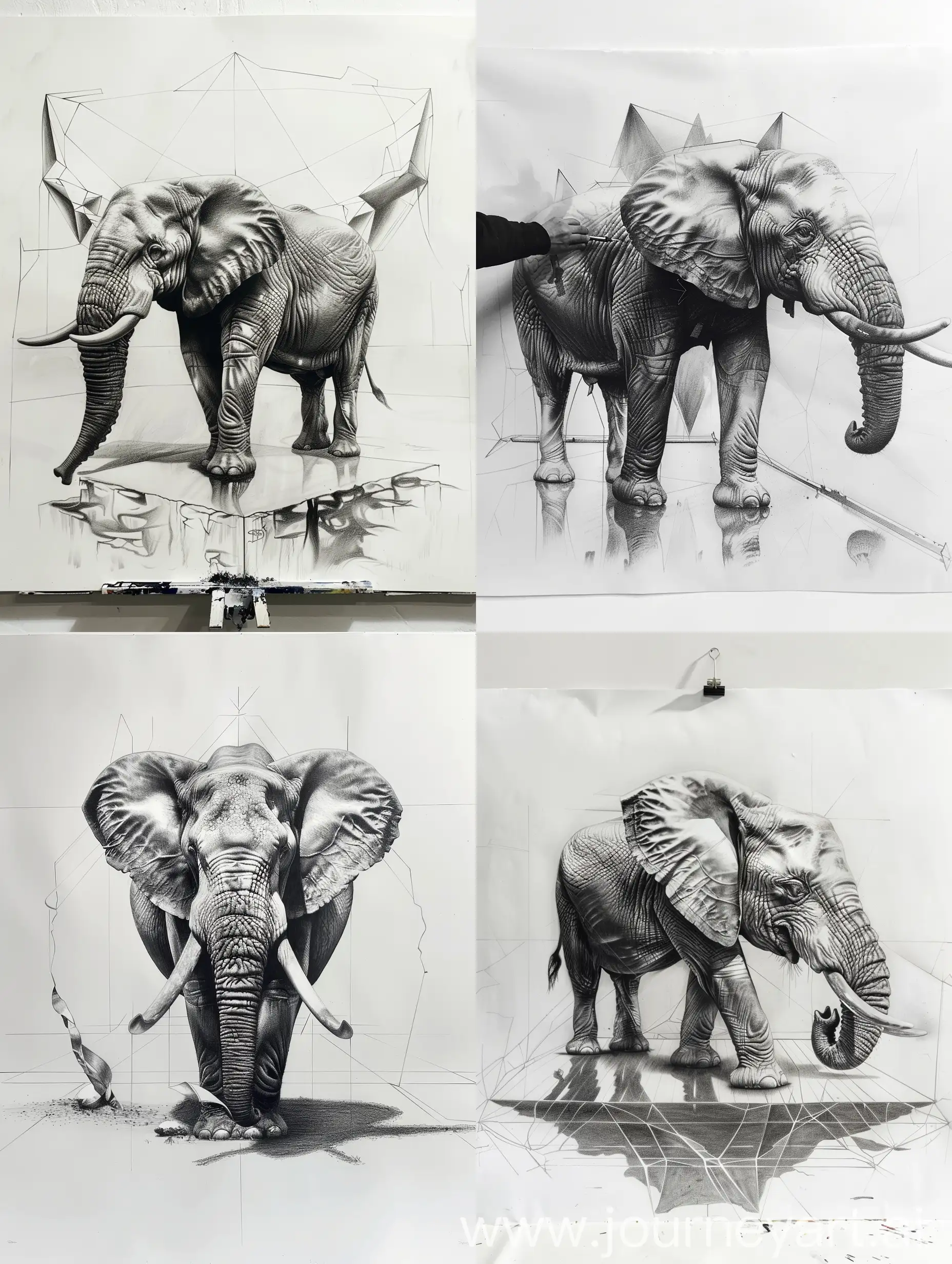 genre creative dark hyper realistic pencil sketch of a elephant on a large canvas in great details with white background
