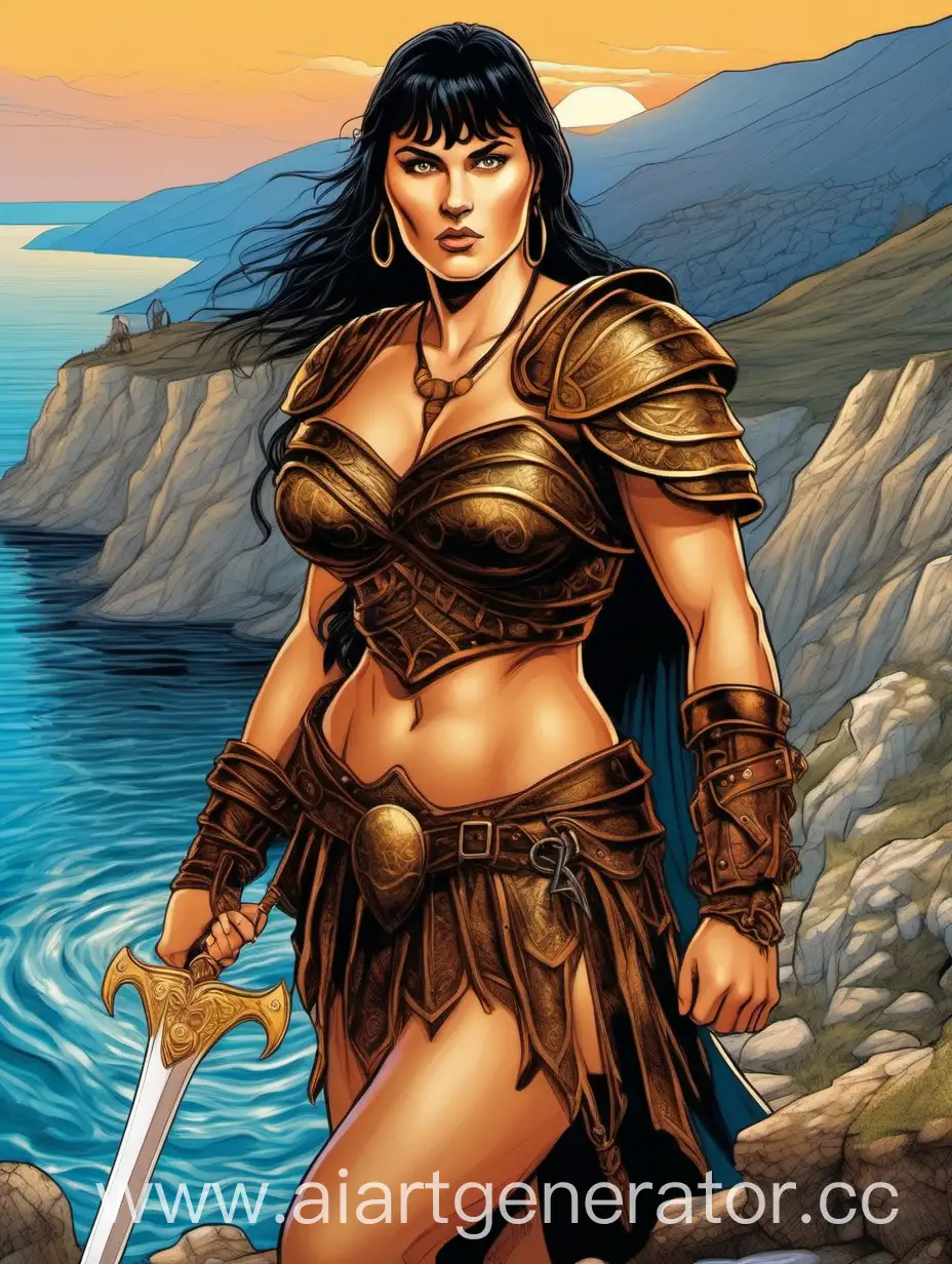Voluptuous dark-haired tall strong athletic Xena Warrior Princess with curvaceous thighs and Gabrielle the bard near a hot spring Southern Coast of Crimea, evening