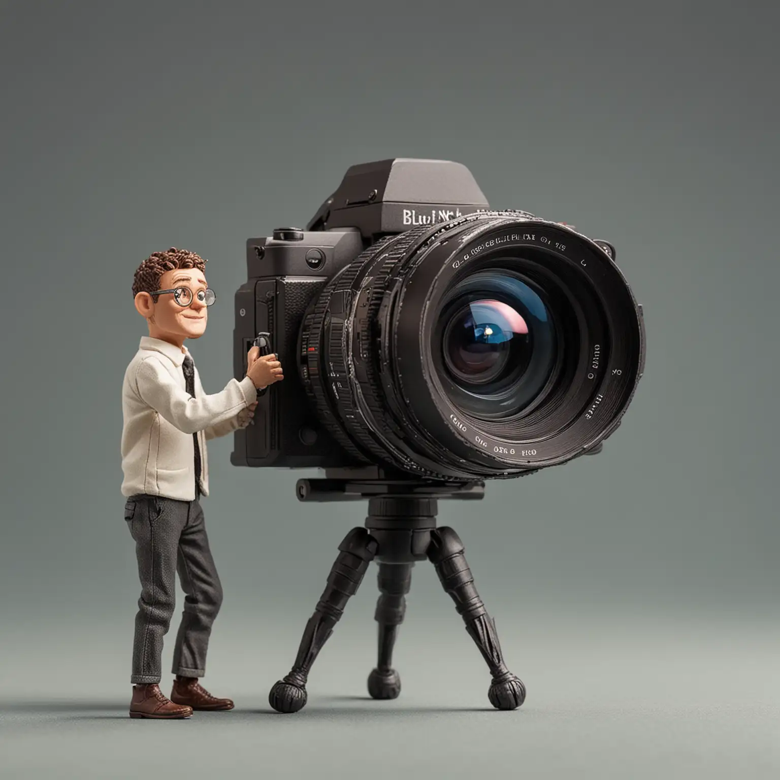 Tiny man holding large camera with giganic lens