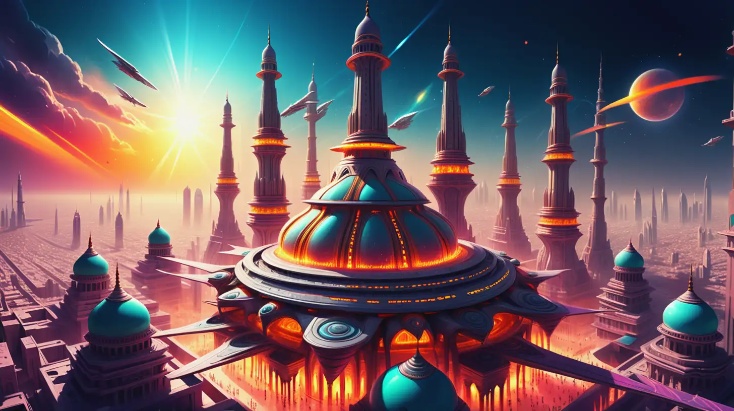 Futuristic Hindu City with Flying Gods and Bright Colors