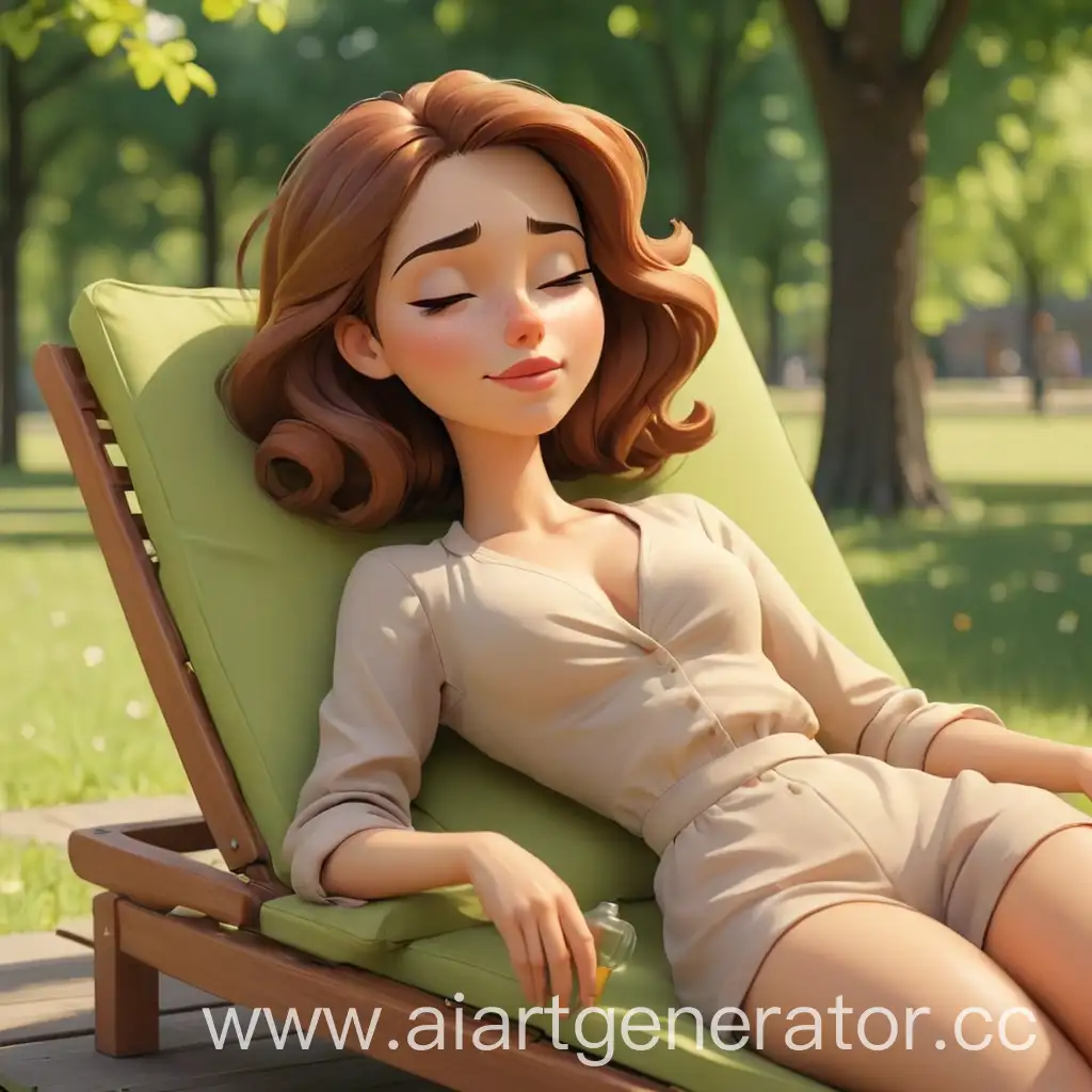 мультяшная привлекательная женщина  в парке отдыхает на шезлонге с закрытыми глазами и держит в руке бутылку