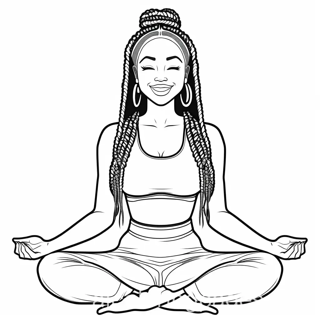 african american women with box braids hair with smile face meditating, Coloring Page, black and white, line art, white background, Simplicity, Ample White Space.
