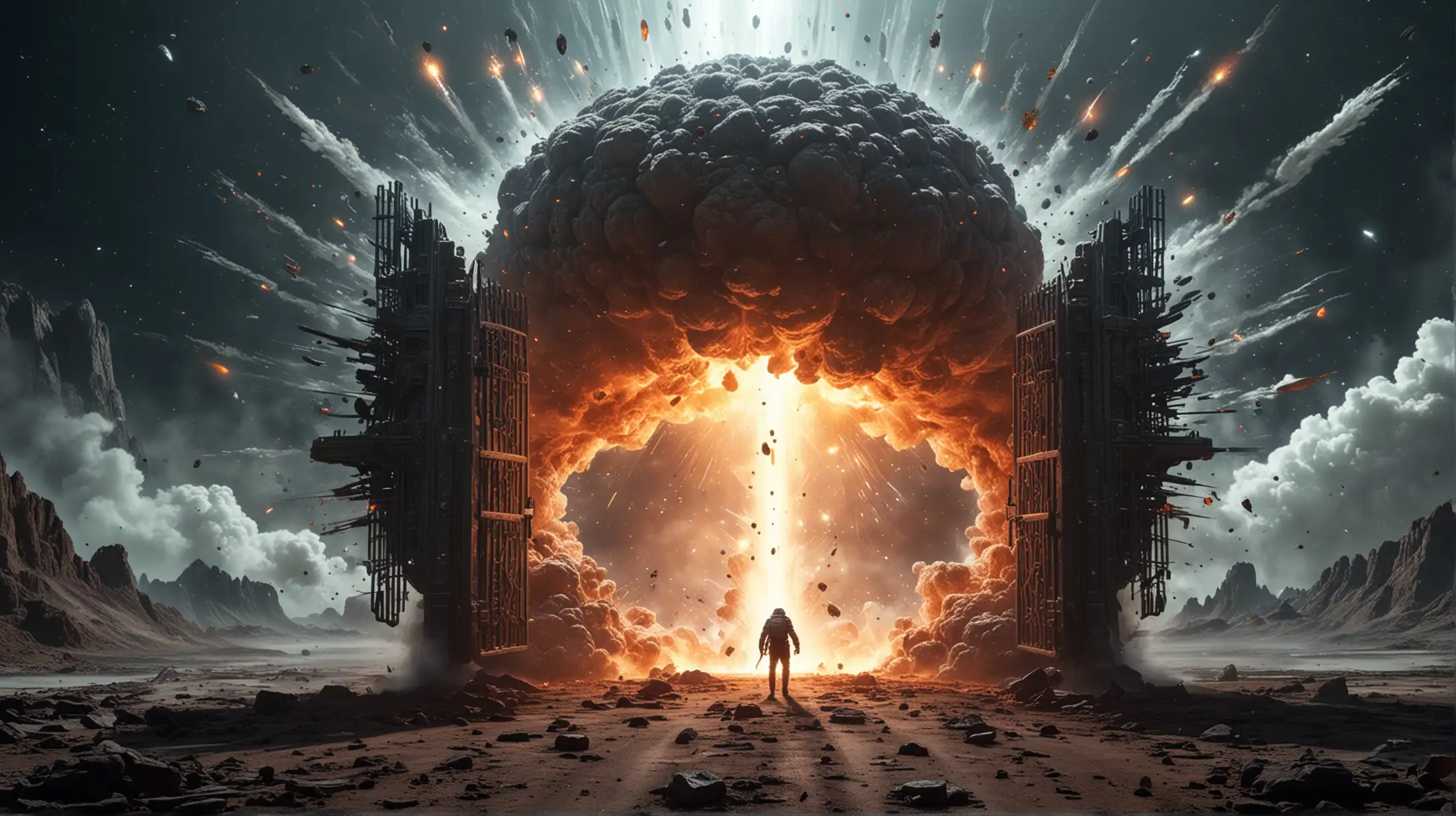 a big spaceship explodes inside the gate to another worlds