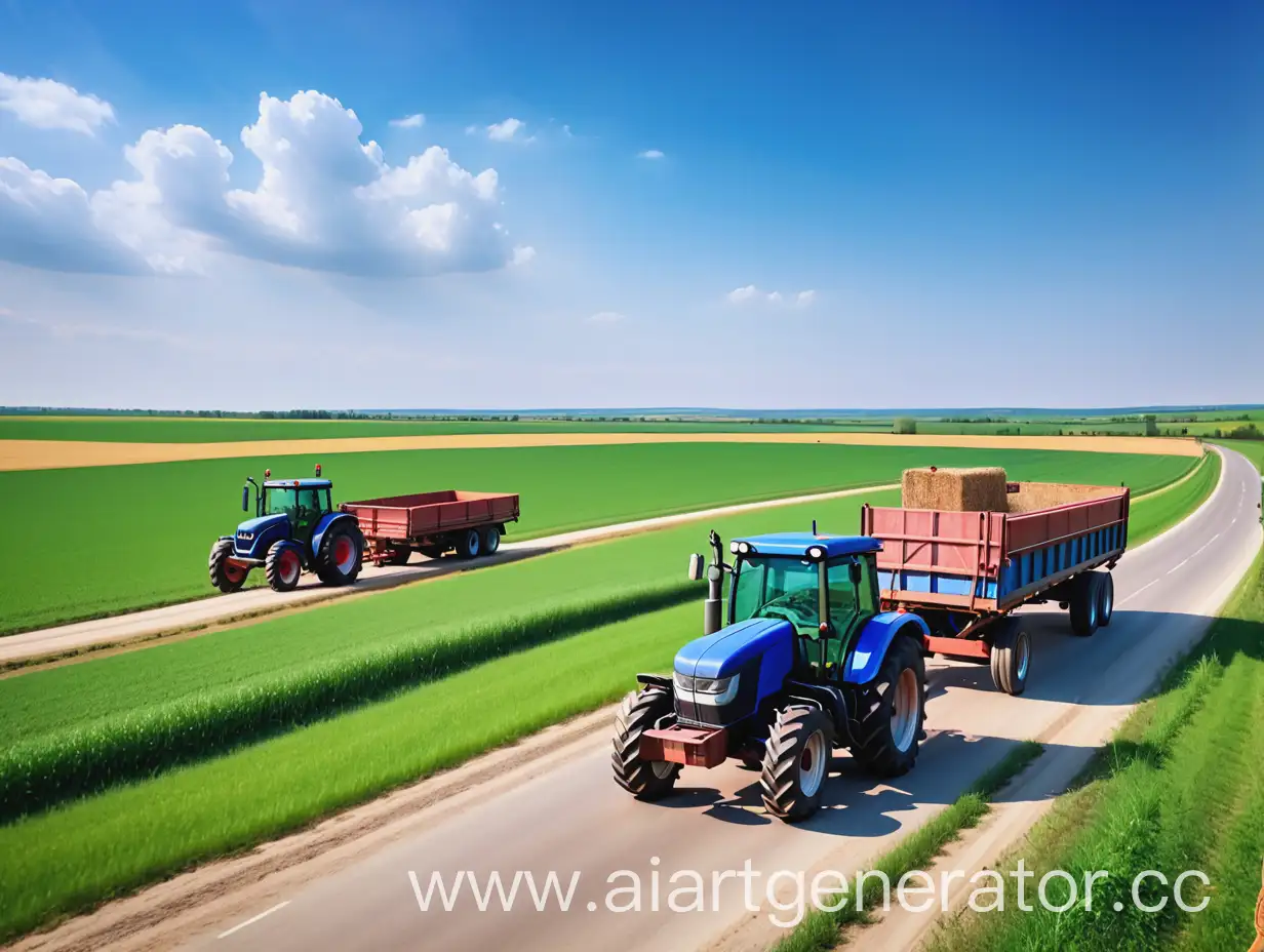 Синий трактор с пустым длинным прицепом едет на фоне красивого деревенского пейзажа и зеленого поля и голубого неба
