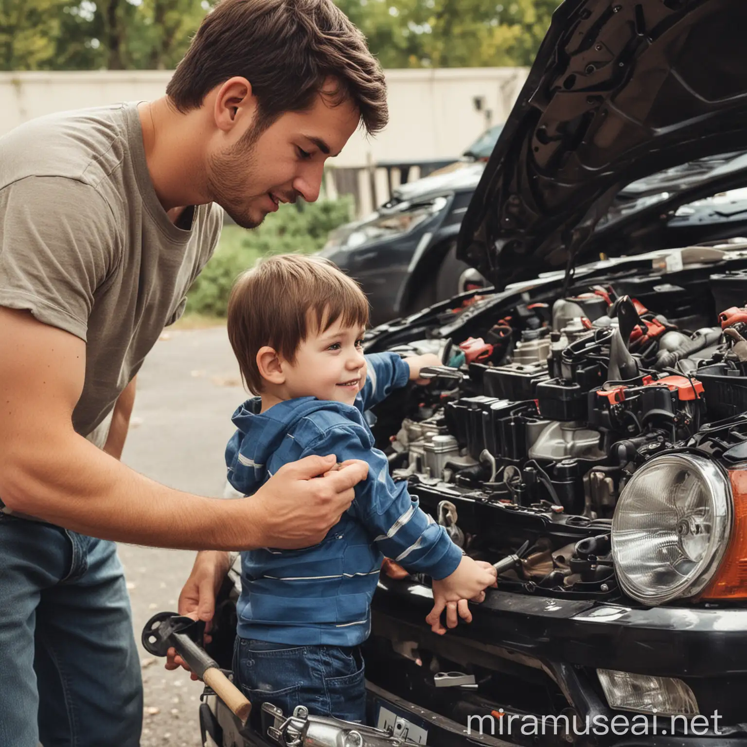 kid fixing a car with dad