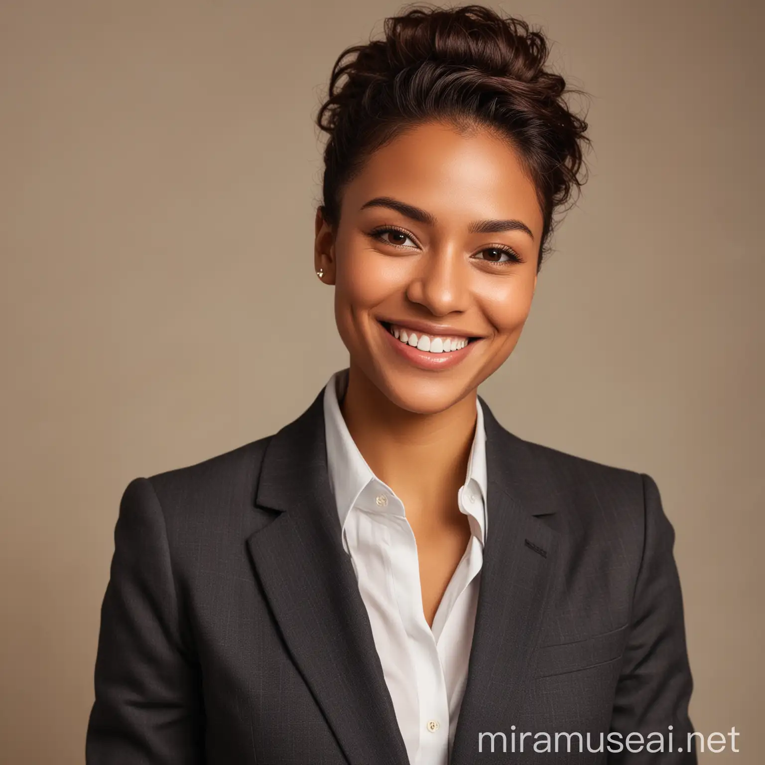 A professional natural brown skin girl lady that dress in suit with a smiling face