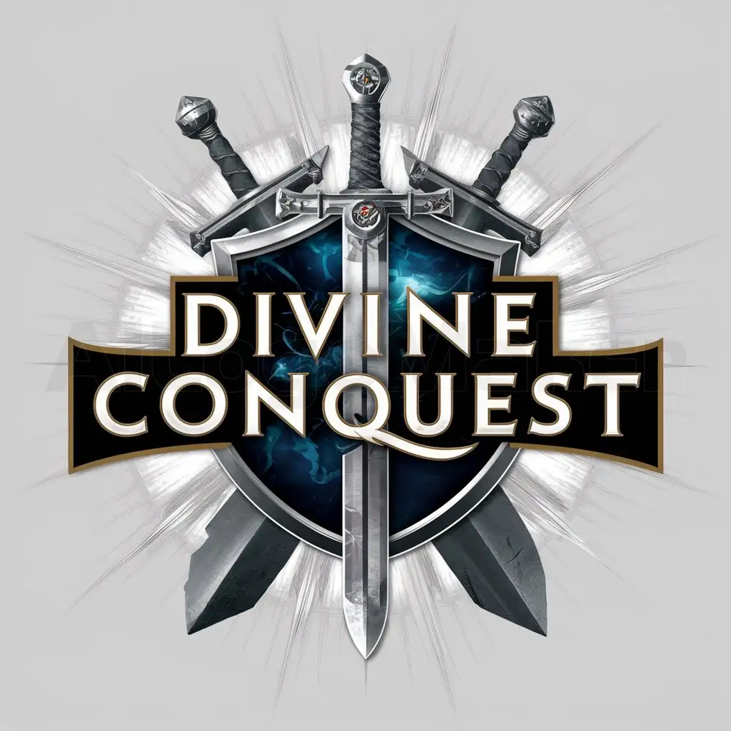 a logo design,with the text "Divine Conquest", main symbol:sword with a shield and write 'Divine Conquest',complex,clear background
