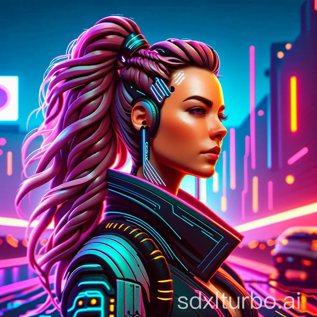 cyberpunk woman with long wavy hair in a bun