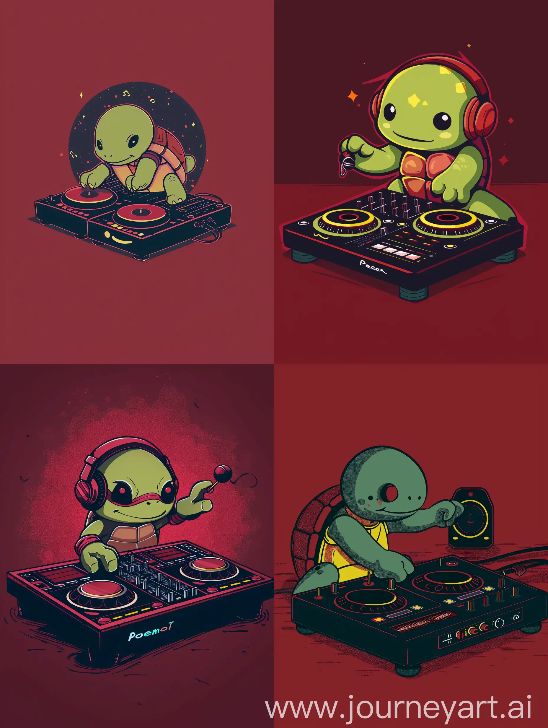 thin line style chibi cute turtle playing dj, with solid dark red background, small object and center concentrated image, far view point