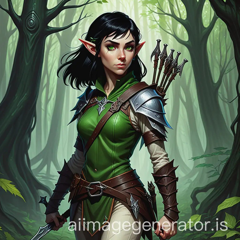 A whole-body portrait of a female half-elf form the dungeons & dragons universe. She has black hair, green eyes and fair skin. She has a hand crossbow and a rapier on her hands. She is standing in a forest.