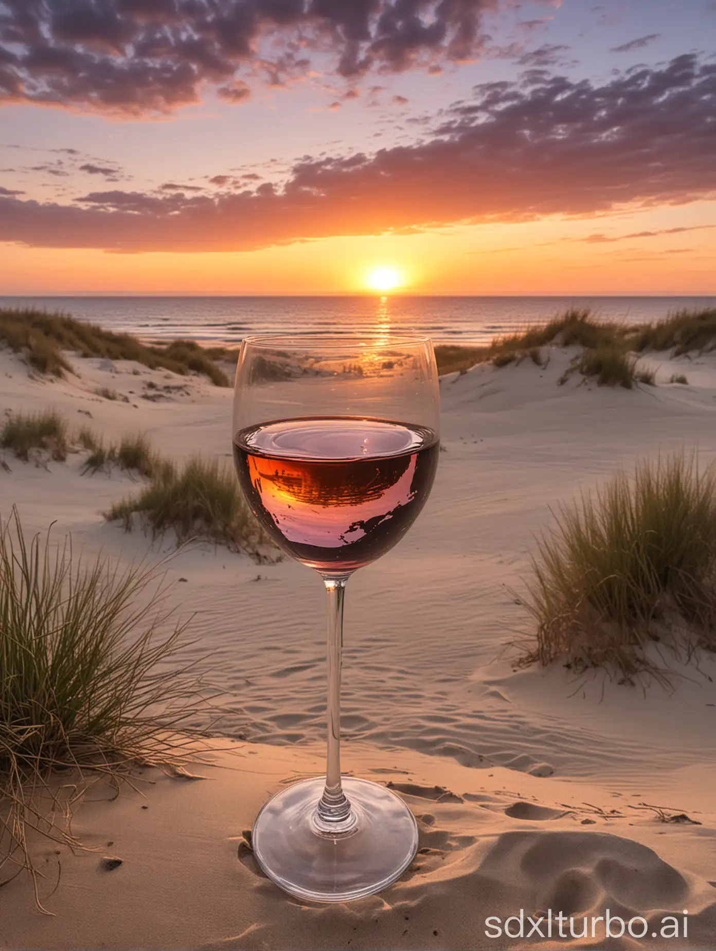 Sonnenuntergang in den Dünen am Meer mit einem Glas Wein
