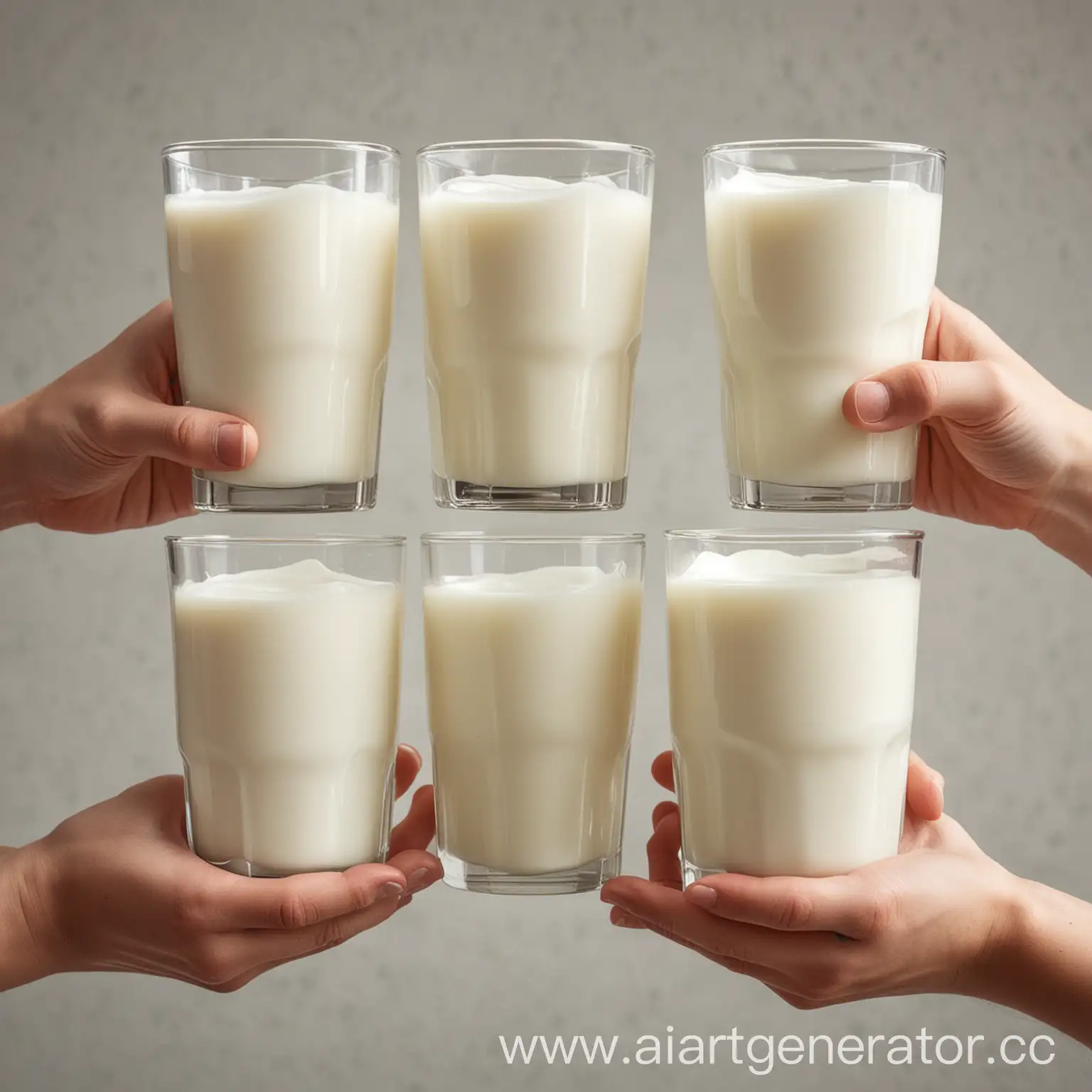5 стаканов молока стеклянных чокаются в руках людей