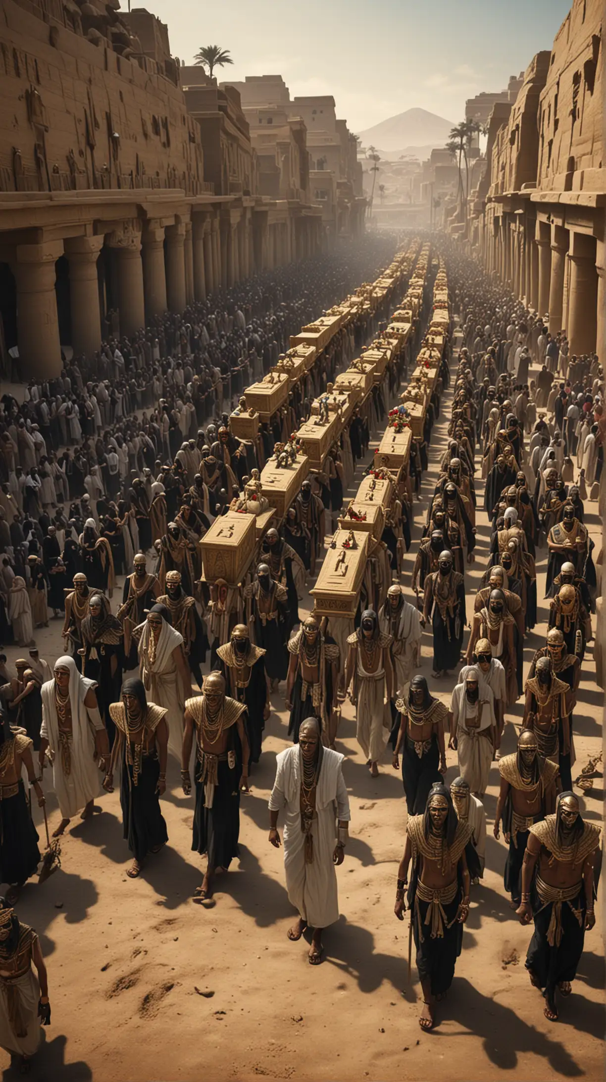 The Procession of the Dead: Depict an ancient Egyptian funeral procession, with mourners clad in traditional attire carrying offerings and ceremonial objects. Show the solemn atmosphere as they accompany the deceased to their final resting place. Hyper realistic