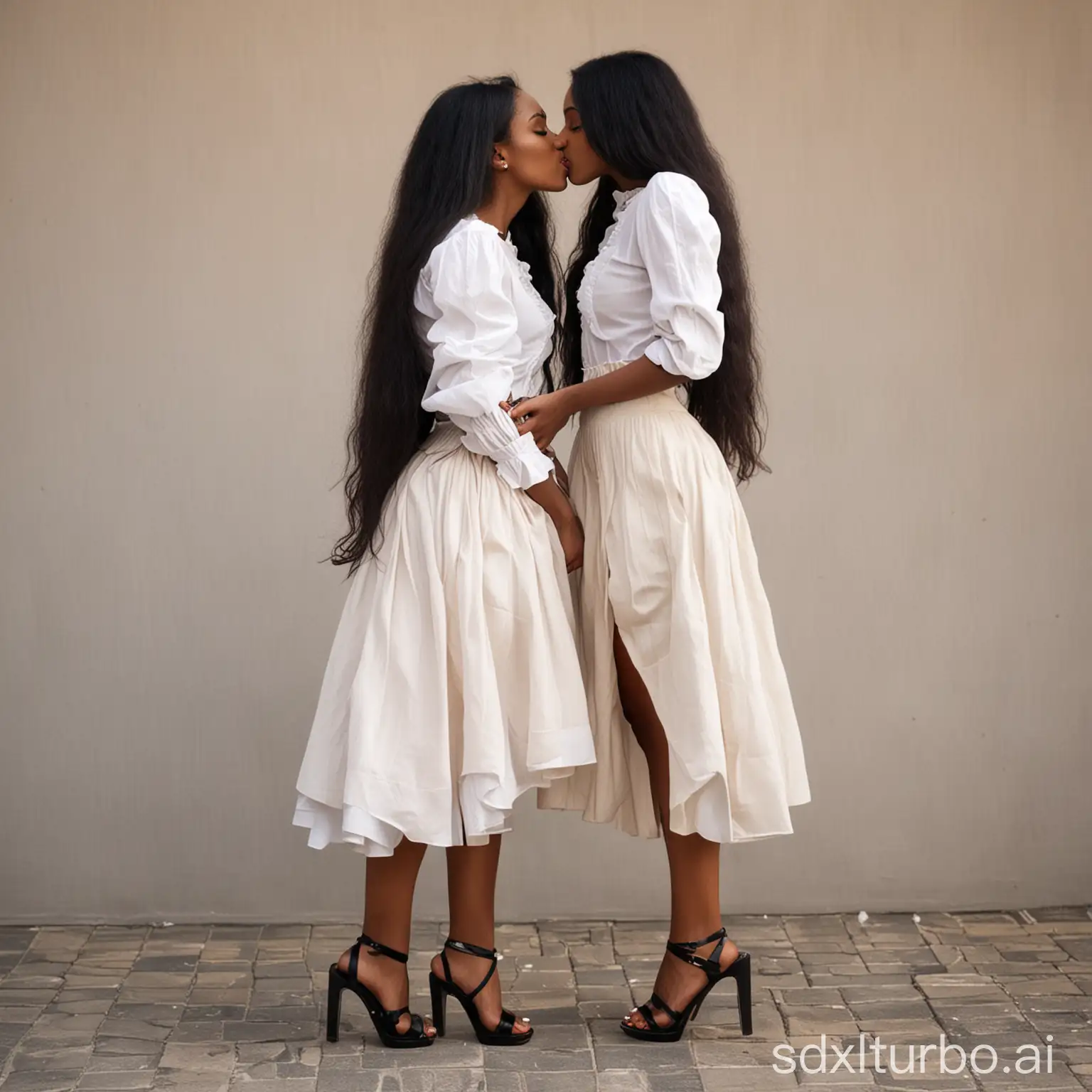 two black woman long hair wears tigth blouse , wears tigth long skirt , wears extreme hig heels plataform sandals , they kiss