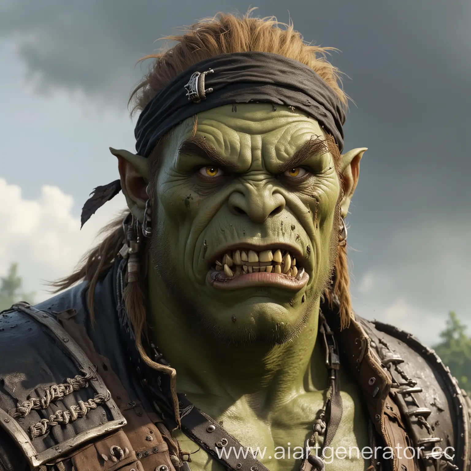 A stocky swamp-green orc-pirate with a height of 188 cm and a weight of about 130 kg with yellow-cloudy pupils and short brown hair, as well as protruding fangs with blunderbluss and wearing a pirate uniform without a hat