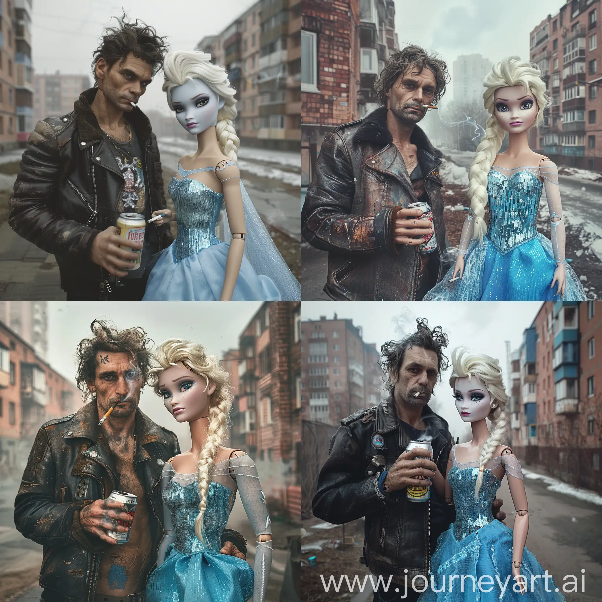 gritty urban street during a foggy day, rugged man with disheveled hair, worn leather jacket, holding a beer can, smoking cigarette, life-size doll resembling popular animated ice princess, platinum blonde braid, sparkling blue dress, sharp makeup, contrast between gritty realism and pristine surrealism, old soviet brick apartment buildings in background, muted color palette, grainy texture, high-definition, subtle vignette effect, soft focus background, eerie yet captivating.