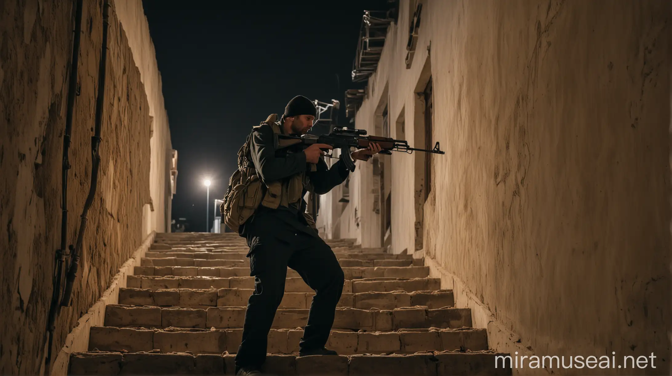 a man firing ak 47 while standing on stairs in night