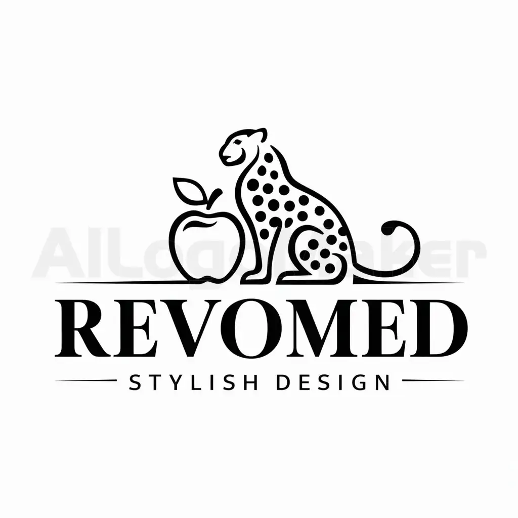 a logo design,with the text "REVOMED", main symbol:leopard sits at an apple, monochrome,Moderate,clear background
