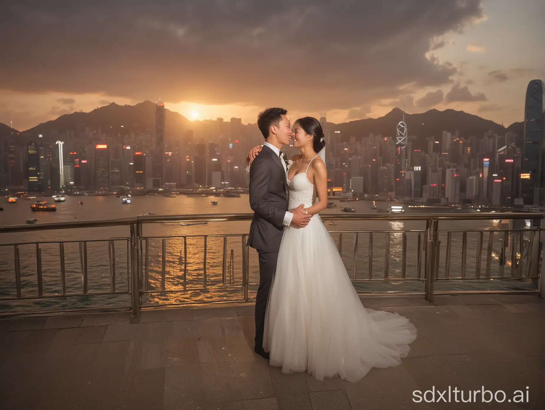 newlyweds celebrating in Hong Kong, Central, sunset background, flash effect, backlit, pentax 120mm f/1.6 helios-44m