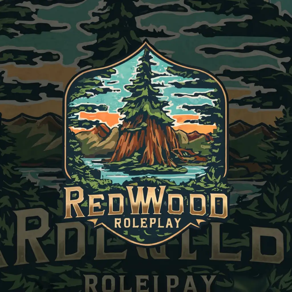 a logo design, with the text 'redwood roleplay', Make sure it Includes a Mountain with Green Trees and a Body of water, as well as make it look like it's in Grays Harbor County, Moderate, no background