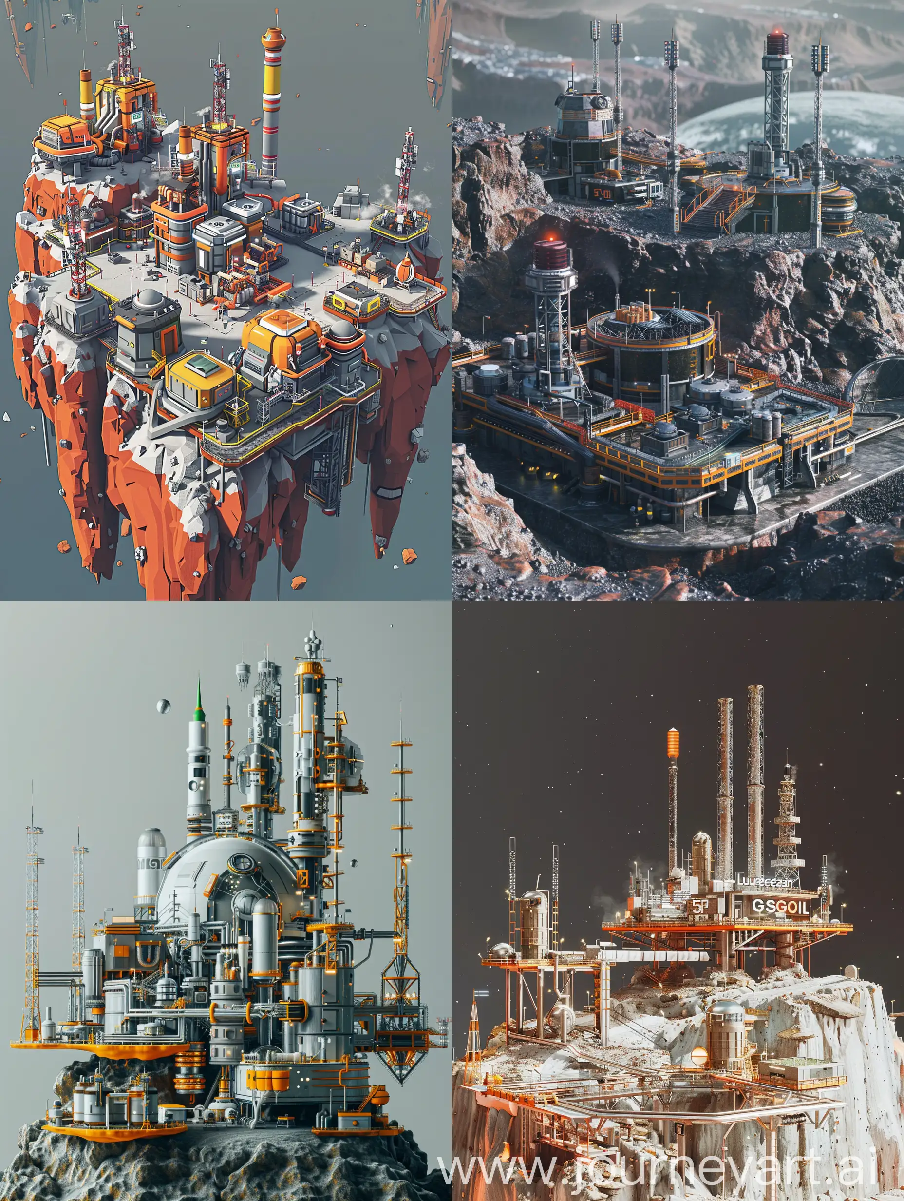 high-tech minimalistic alien station on a rock planet, including an oil refinery, oil production plant, airfield infrastructure, spaceport infrastructure, 5G towers, thermonuclear reactor and nuclear power plant, high-tech city farm Vertical farming aeroponics (With factories Gnomeregan, Phosagro, Lukoil, in high-tech style, with high-tech towers and advanced city farms in cyberpunk high-tech style from highly developed aliens)