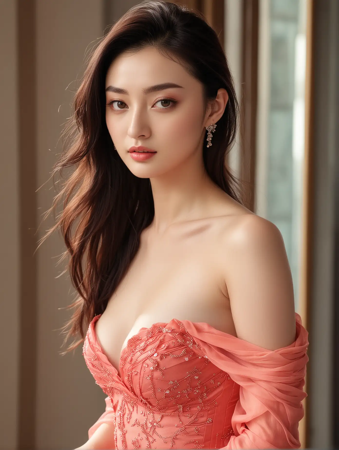Jing Tian Hermosa, de cuerpo entero, inclinada, en un pen house Divino, colores vibrantes, sin ropa 