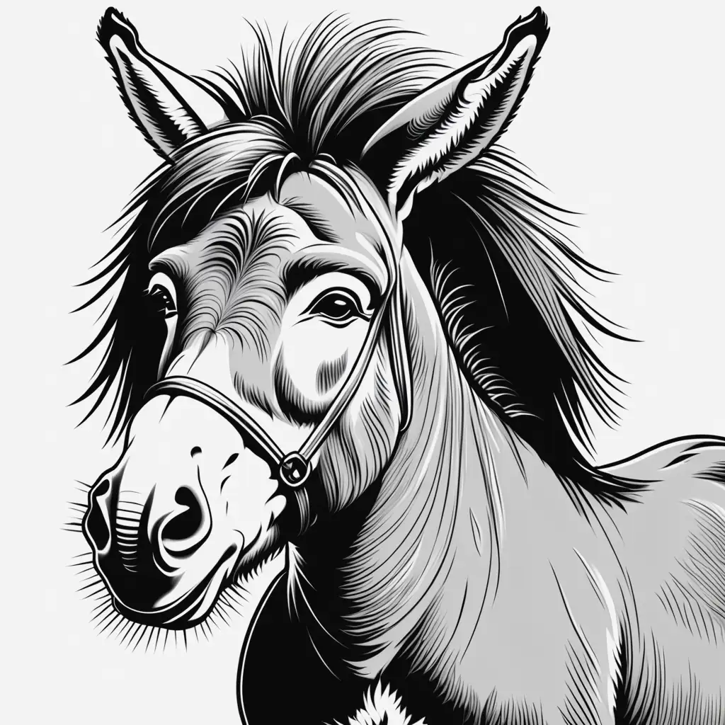 Donkey Wearing Wig Quirky Line Art Illustration