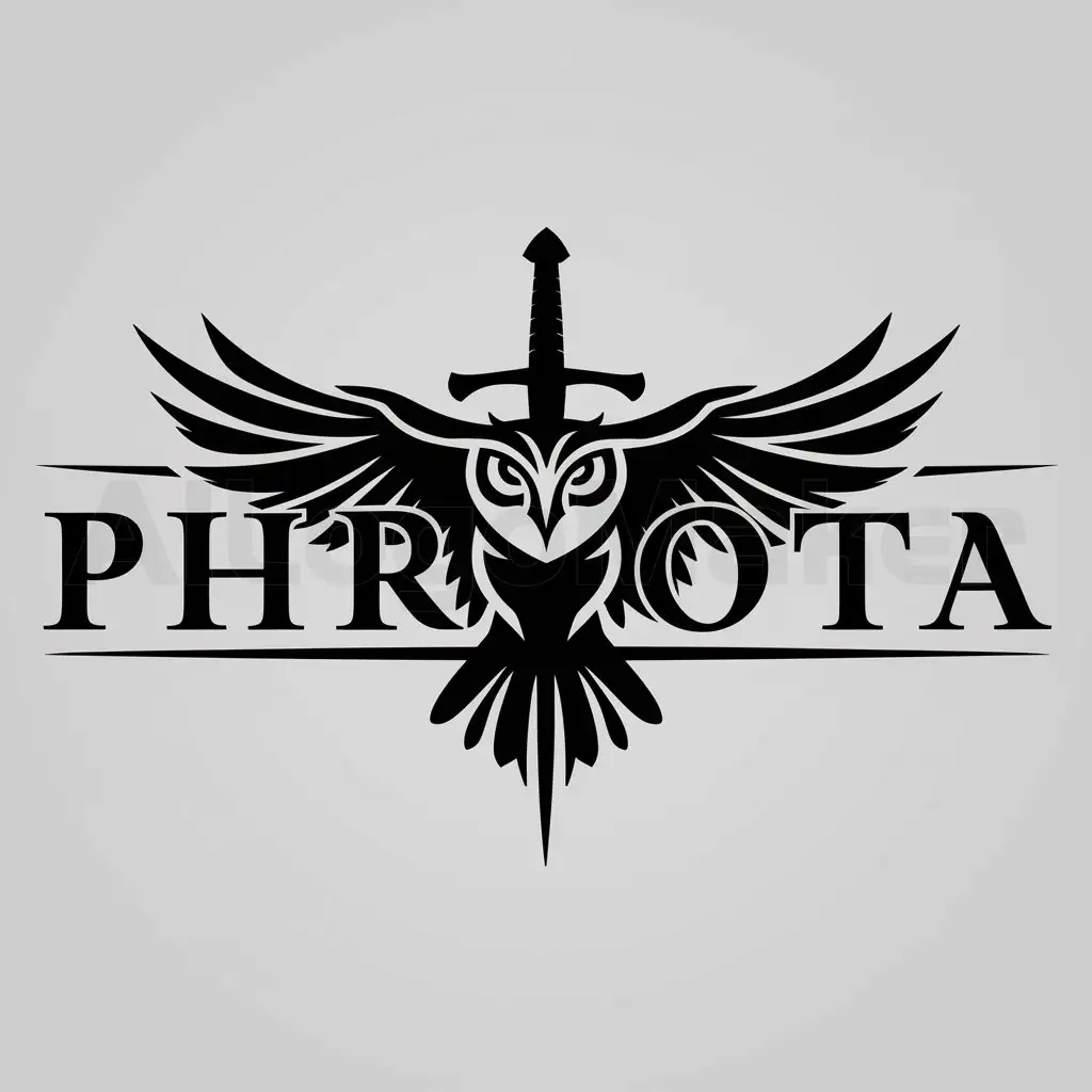 a logo design,with the text "PhRota", main symbol:silhouette of an owl with open wings and a sword behind horizontally,complex,be used in art industry,clear background