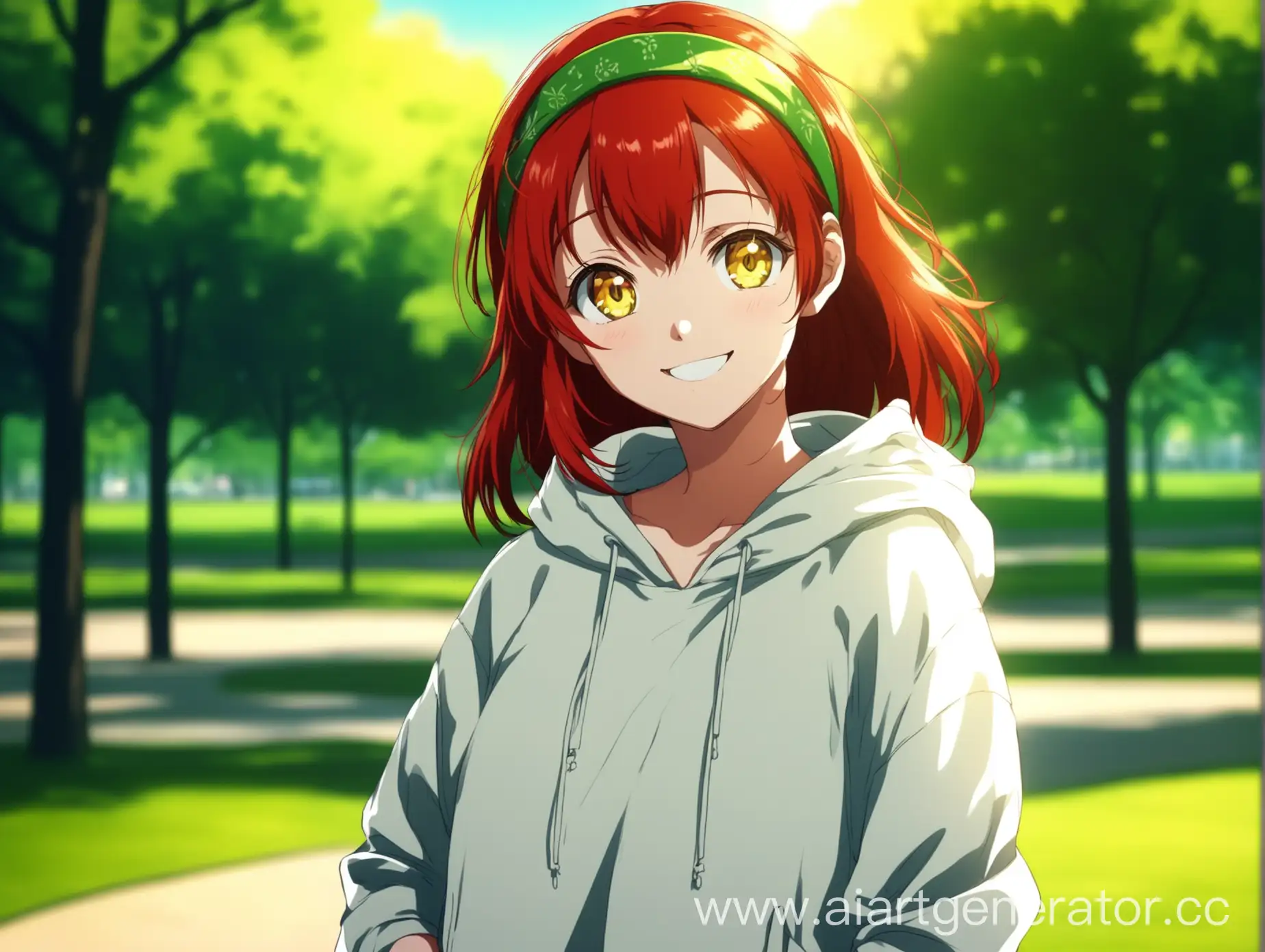 Smiling-Girl-with-Red-Hair-in-White-Hoodie-at-Sunny-Park