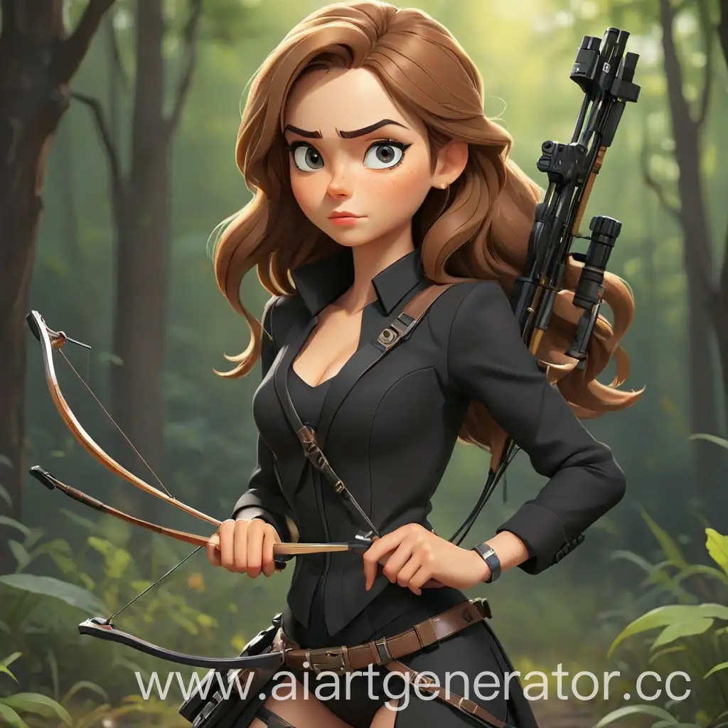 Cartoon-Woman-Hunting-with-Crossbow-in-Stylish-Black-Suit
