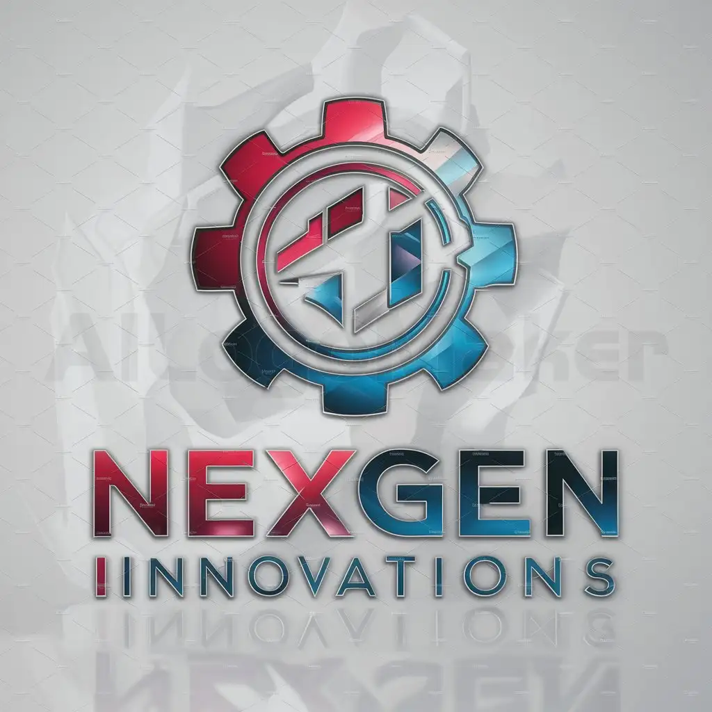 a logo design,with the text "NexGen Innovation", main symbol:Imagine a sleek, modern-looking emblem featuring an abstract symbol that conveys innovation and progress, such as a stylized gear or a futuristic geometric shape. The color scheme could incorporate shades of red and blue and silver to evoke trust, reliability, and cutting-edge technology. The typography should be clean and modern, with the company name 'NexGen Innovations' prominently displayed below the symbol. This logo would communicate professionalism, innovation, and forward-thinking ideals,Moderate,be used in Technology industry,clear background