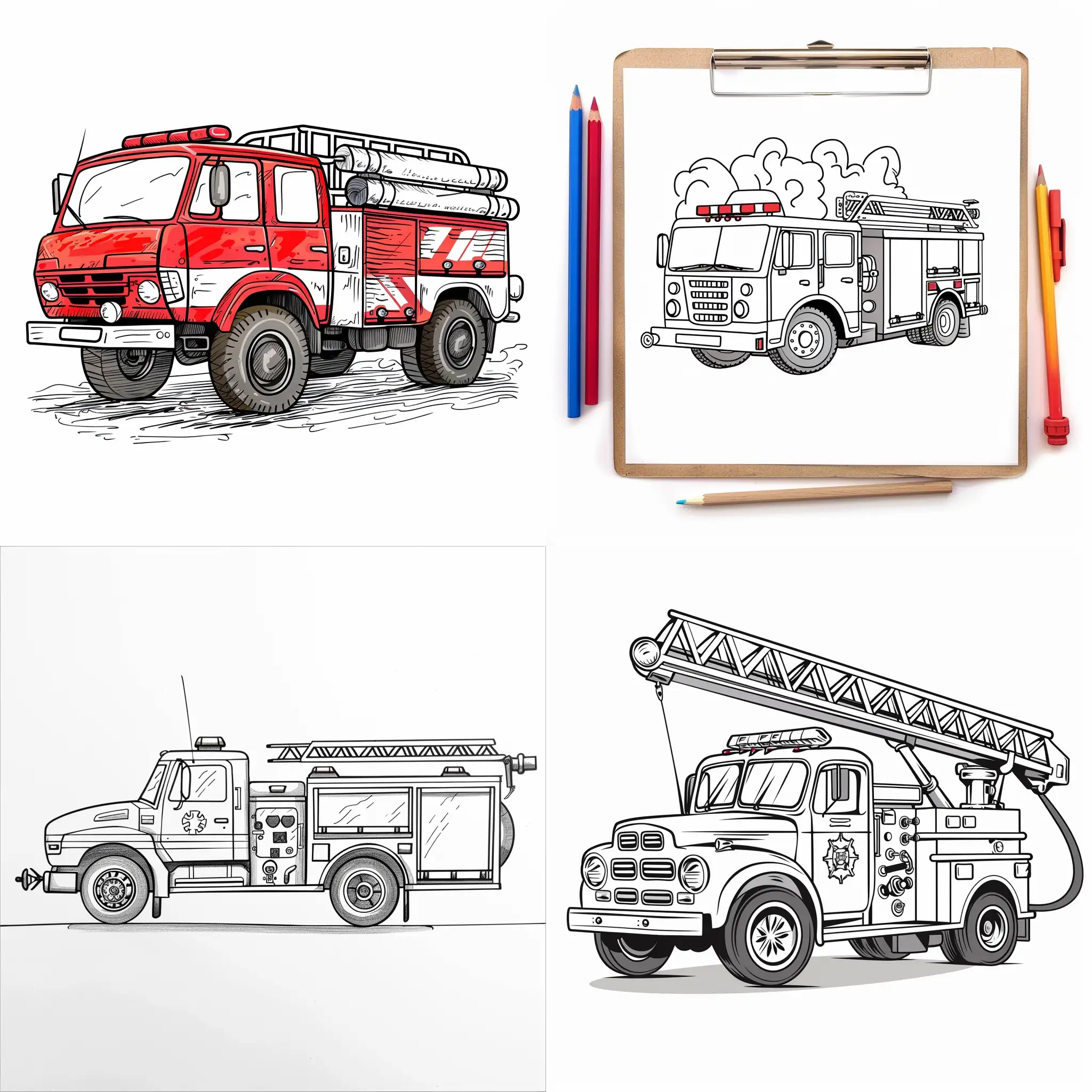 Draw a nice and simple FIRE TRUCK for a coloring book for young children, without gray scales, on a white sheet of paper with a plain background without drawings. The FIRE TRUCK should have a nice and friendly appearance.