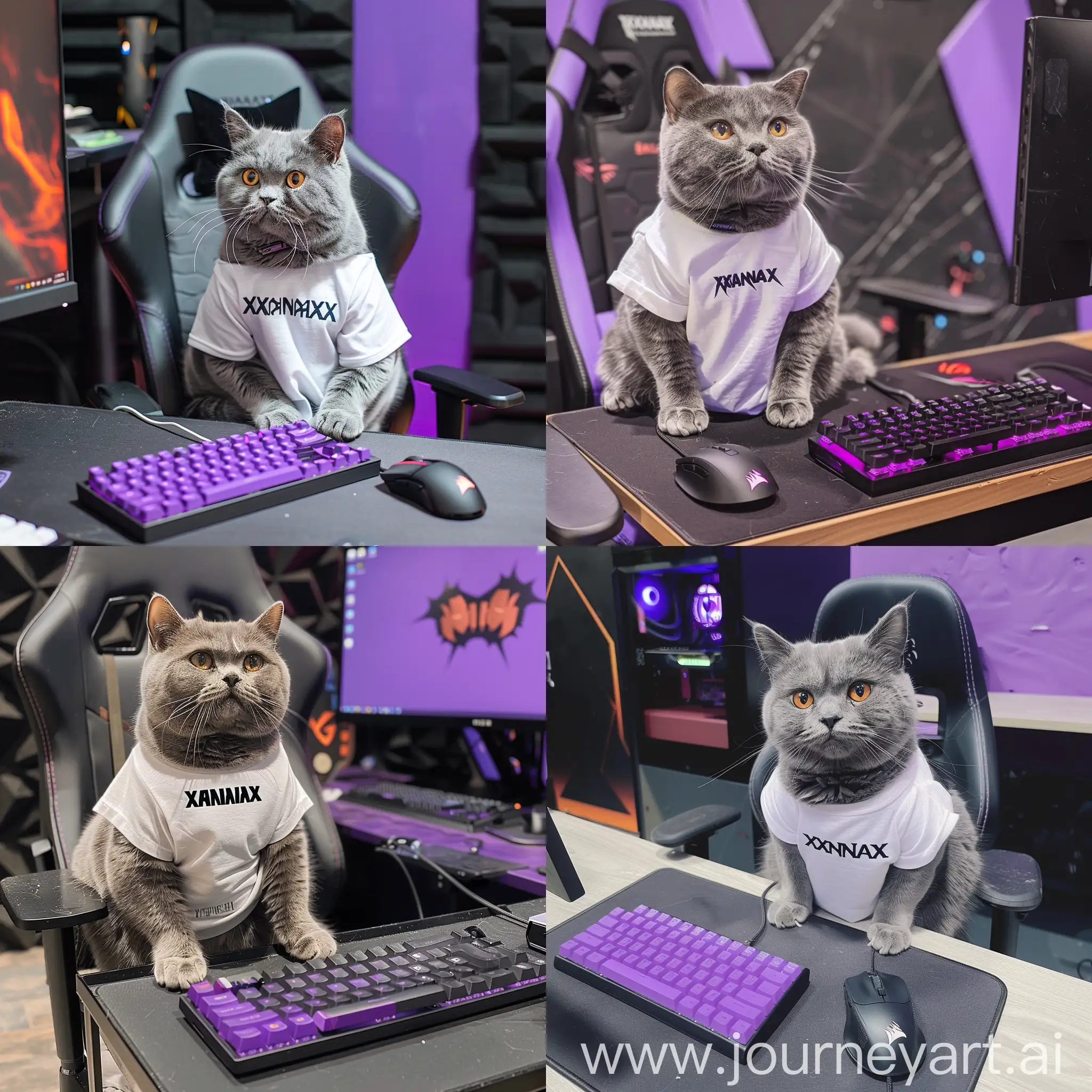 A gray cat of the British breed sits on a computer chair at a table on which there is a purple keyboard and a black gaming mouse, behind the cat there is a black and purple wall, the cat is dressed in a white T-shirt with text"XANAX" written in the center of t-shirt