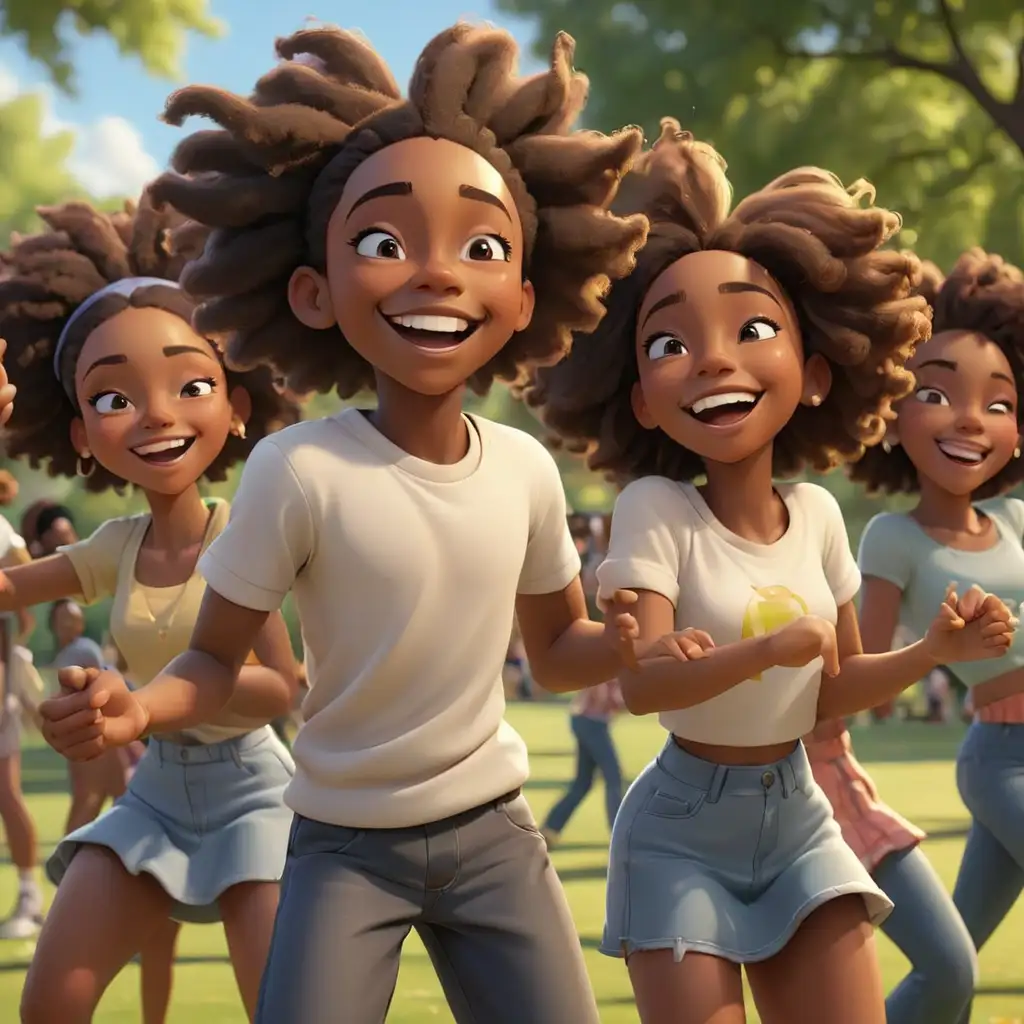 defined 3D cartoon-style African American teens dancing  with their eyes closed in the park smiling
