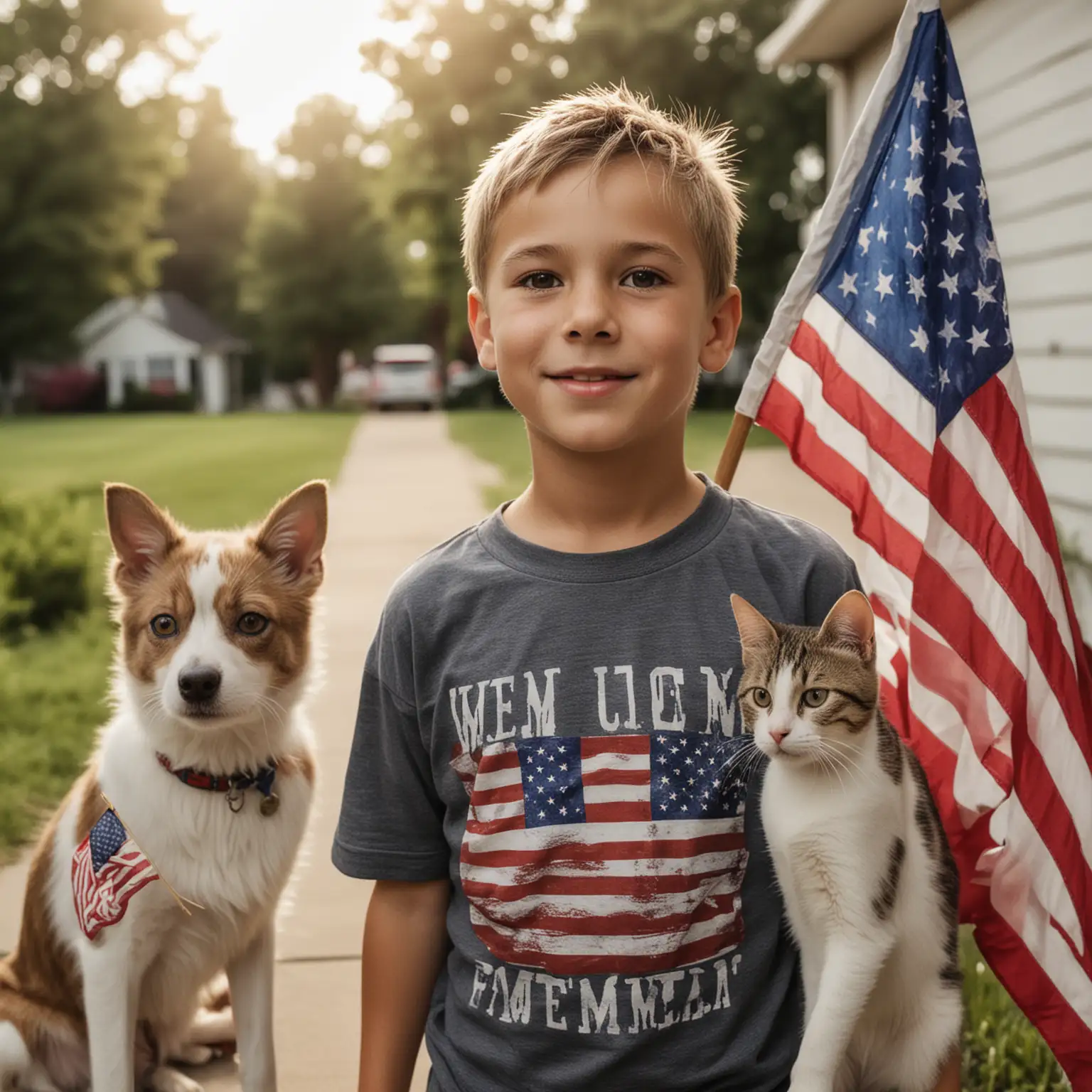 one young boy, with a T-shirt with an American Flag on it, outdoors with a dog and cat, an  American flag in the background