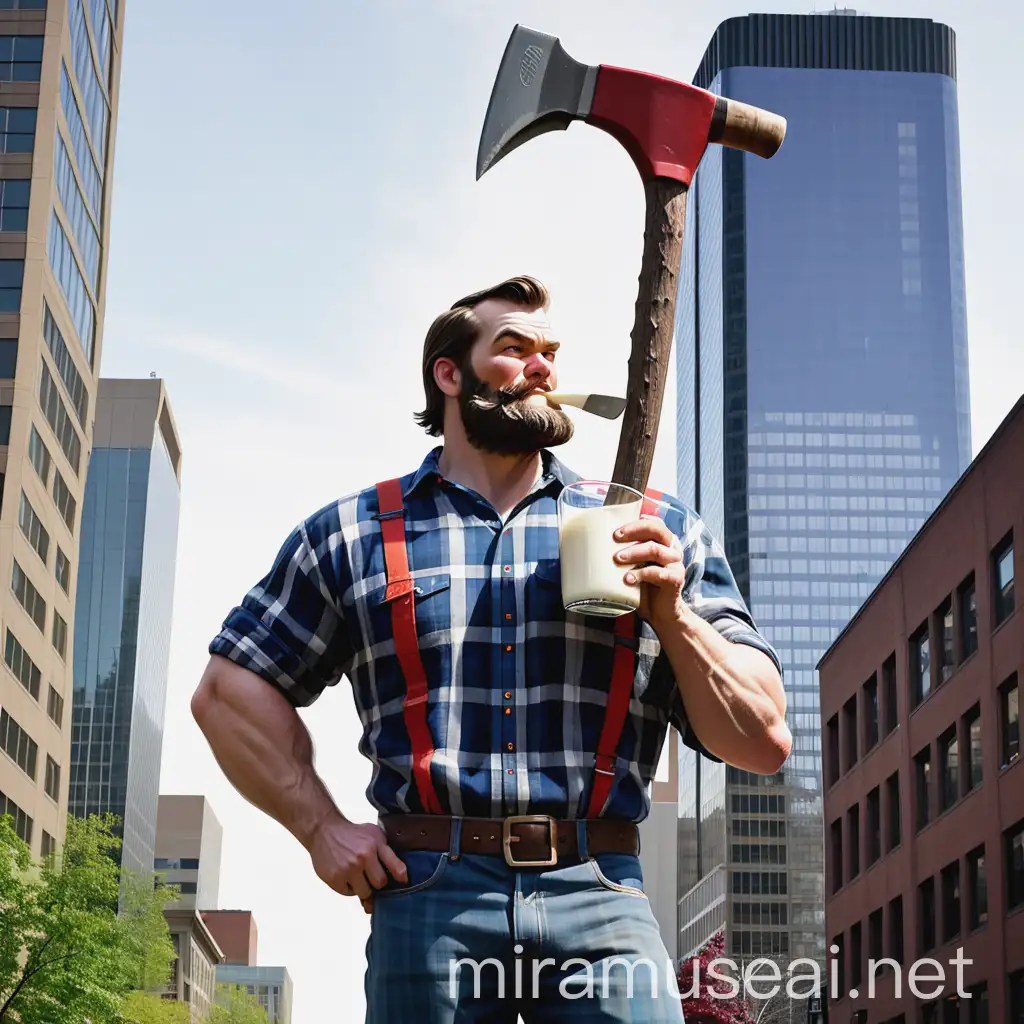 Paul Bunyan, an athletic lumberjack who towers above the skyscrapers of downtown Portland, sips a glass of milk while walking down a city street.  He is dressed in a plaid shirt and blue jeans and carries an axe on his shoulder.