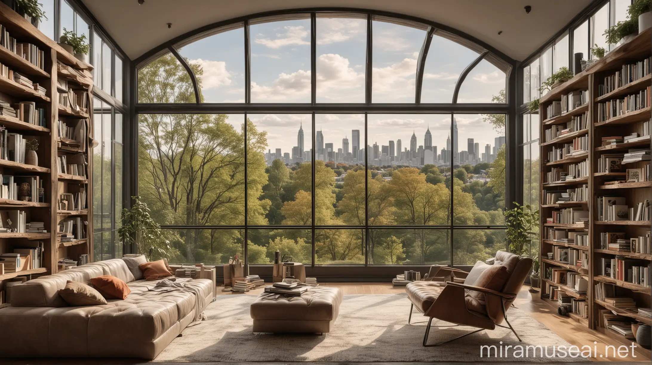 A home library with large windows offering stunning views of nature or the cityscape.