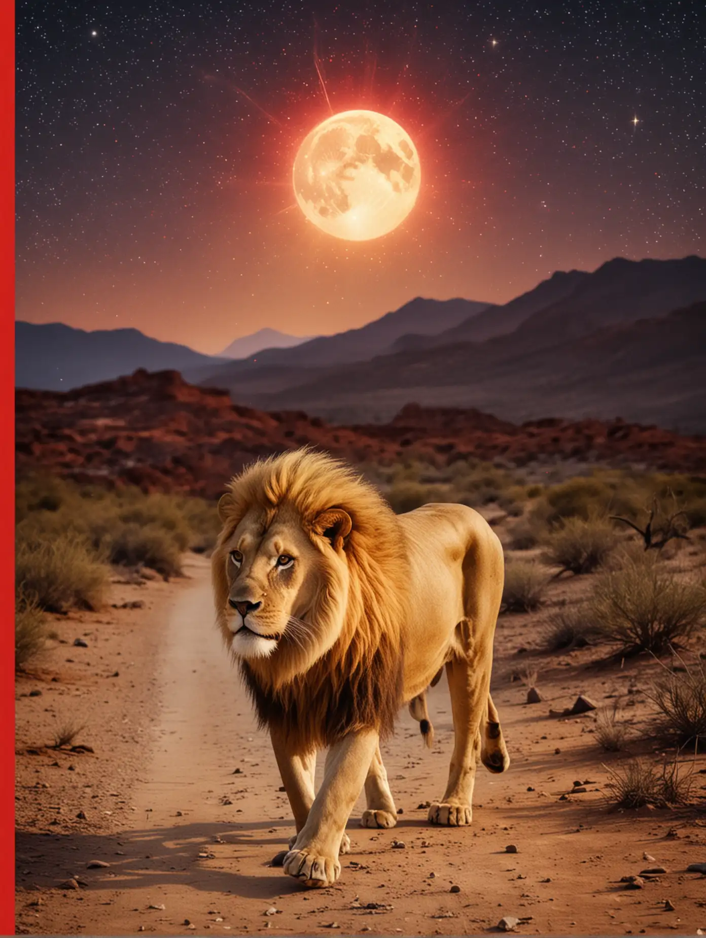 Golden Lion Walking Under Starry Desert Night Sky