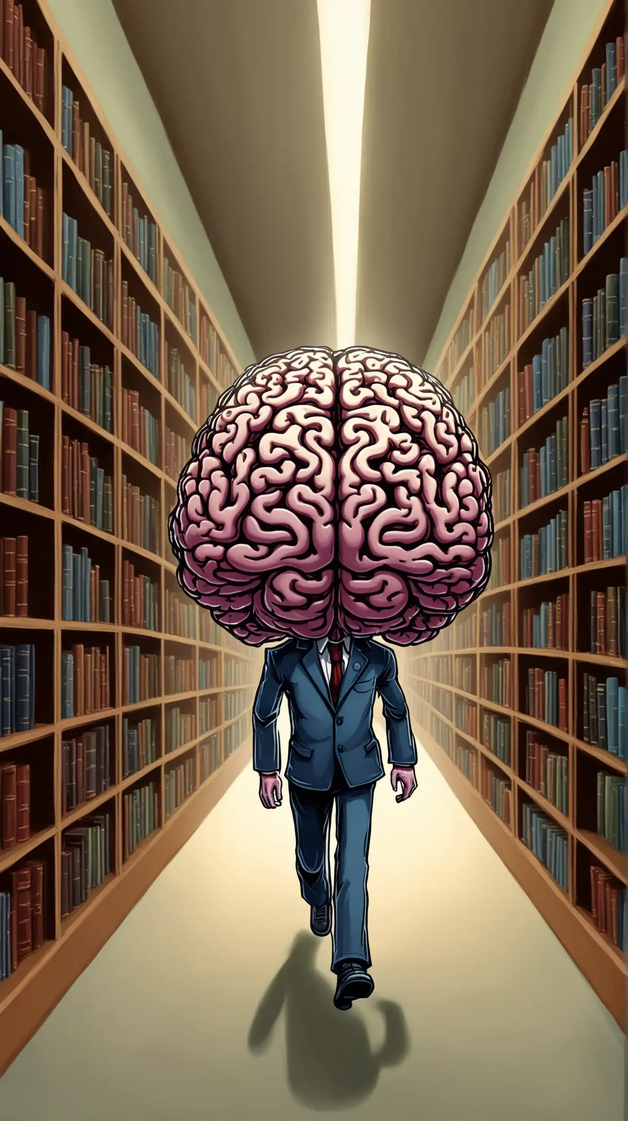an anthropomorphic brain with sof feautures with arms and legs walking down the hallway of what looks like a library. he is actually inside a brain taking mental inventory of thoughts, mindset, habits and beliefs. show me he is inside the brain walking around like it is a liary