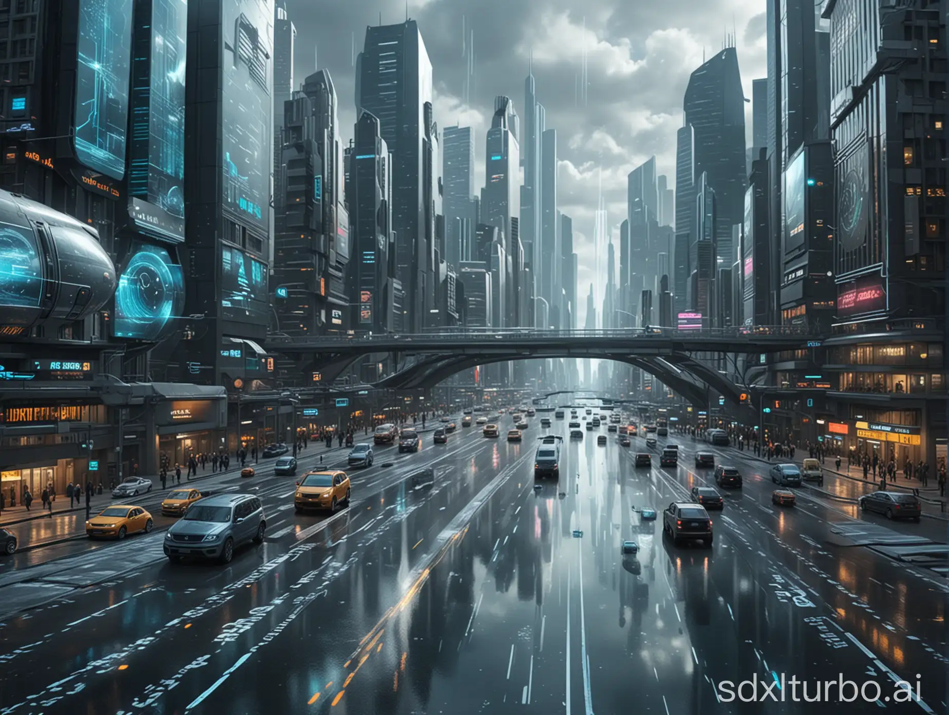 Science fiction city, holographic projection, displaying real-time traffic information and weather forecast for the city, civilian flying transportation, 8k ultra wide-angle, high resolution, high detail, aspect ratio 16:9, realistic style