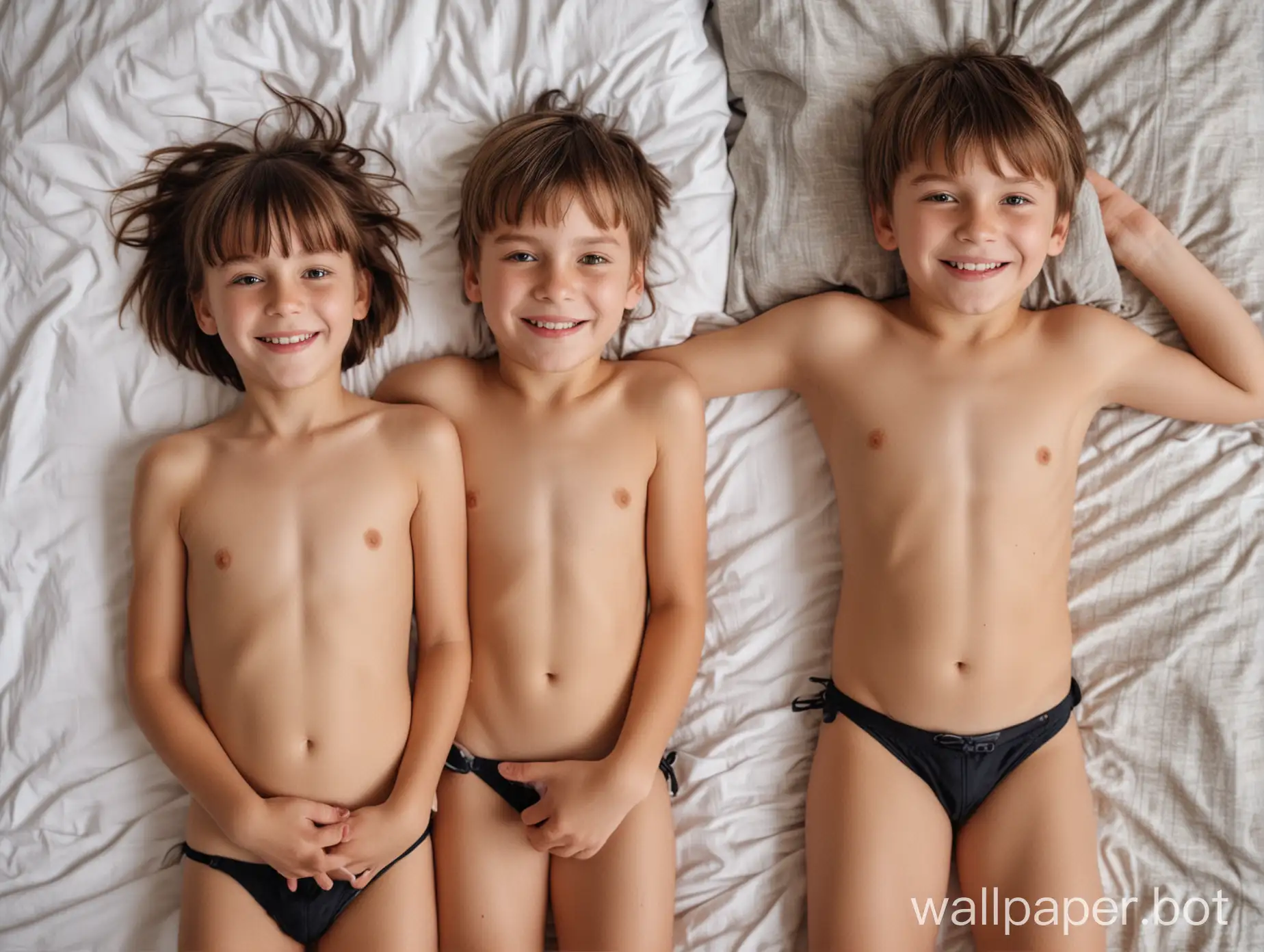 Small 10-year-old girl in a bikini lies on the bed next to a 10-year-old boy, smiles, view from above, haircut with a fringe, view of the whole body