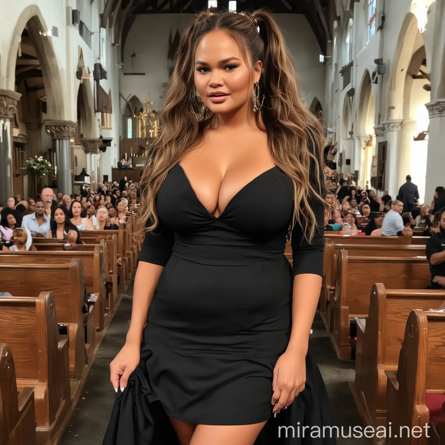Chrissy Teigen in a black dress in church, bbw, giant breasts, showing massive cleavage, big long kinky hair in a ponytail