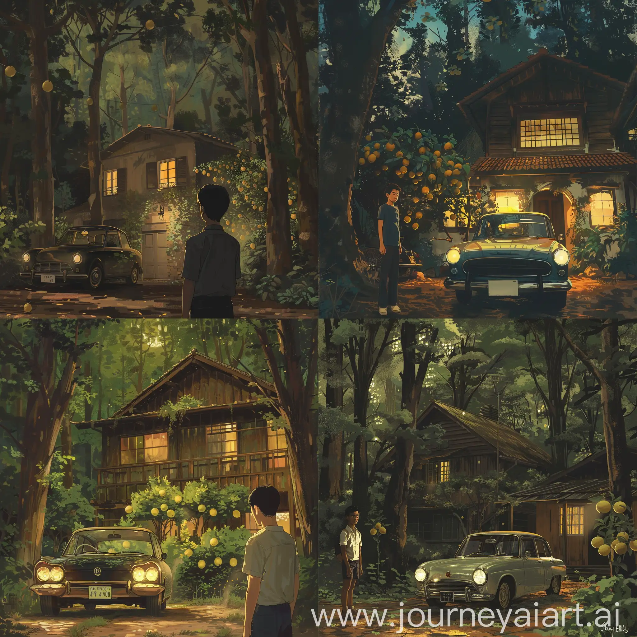 an Indonesian young man stands, Alone house in the wood , A peaceful environment, natural vibes, lemon trees side of the house,Evening time,A vintage car parking front of house with headlights on, Studio Ghibli anime style artwork