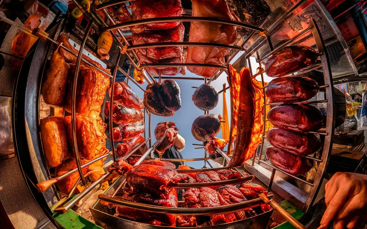 An enticing photograph of Cantonese BBQ meats, set at a street stall with traditional Guangdong market vibes, captured in a street style with intense sunlight, a low-angle shot, and a lively composition, highlighting the sheen of the roast and the bustle of the market