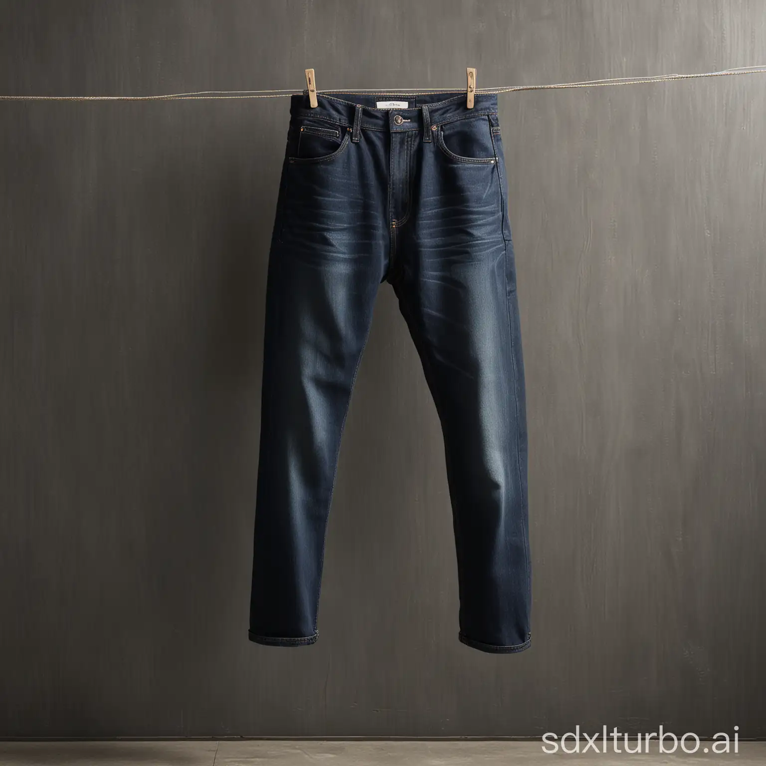 A pair of dark denim jeans hanging on a clothesline. The jeans are made of a thick, sturdy denim fabric and have a classic five-pocket design. The light hitting the jeans creates shadows that highlight the texture of the fabric.