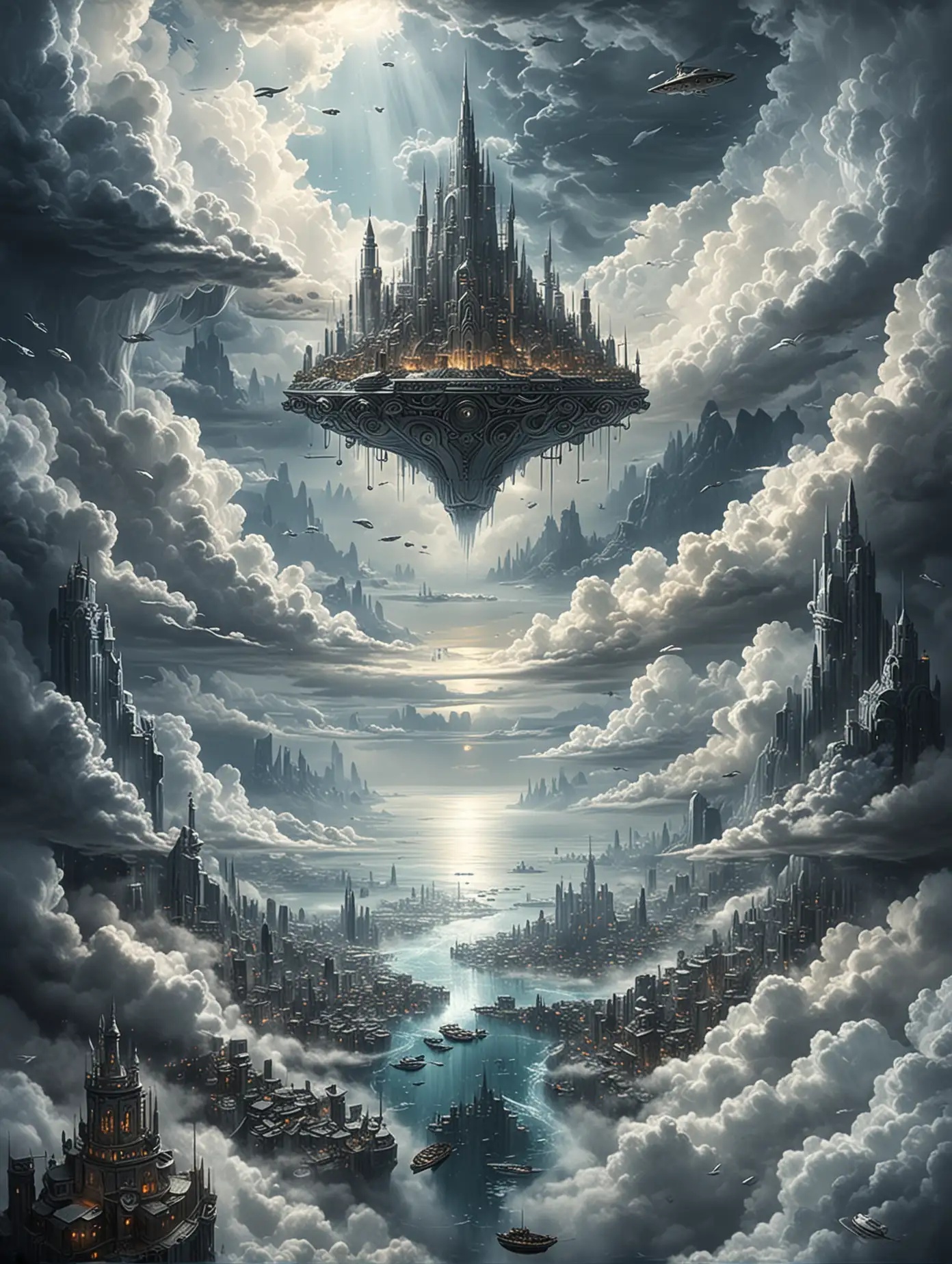 A Silver City floating in the clouds above a city of rings upon the ocean.