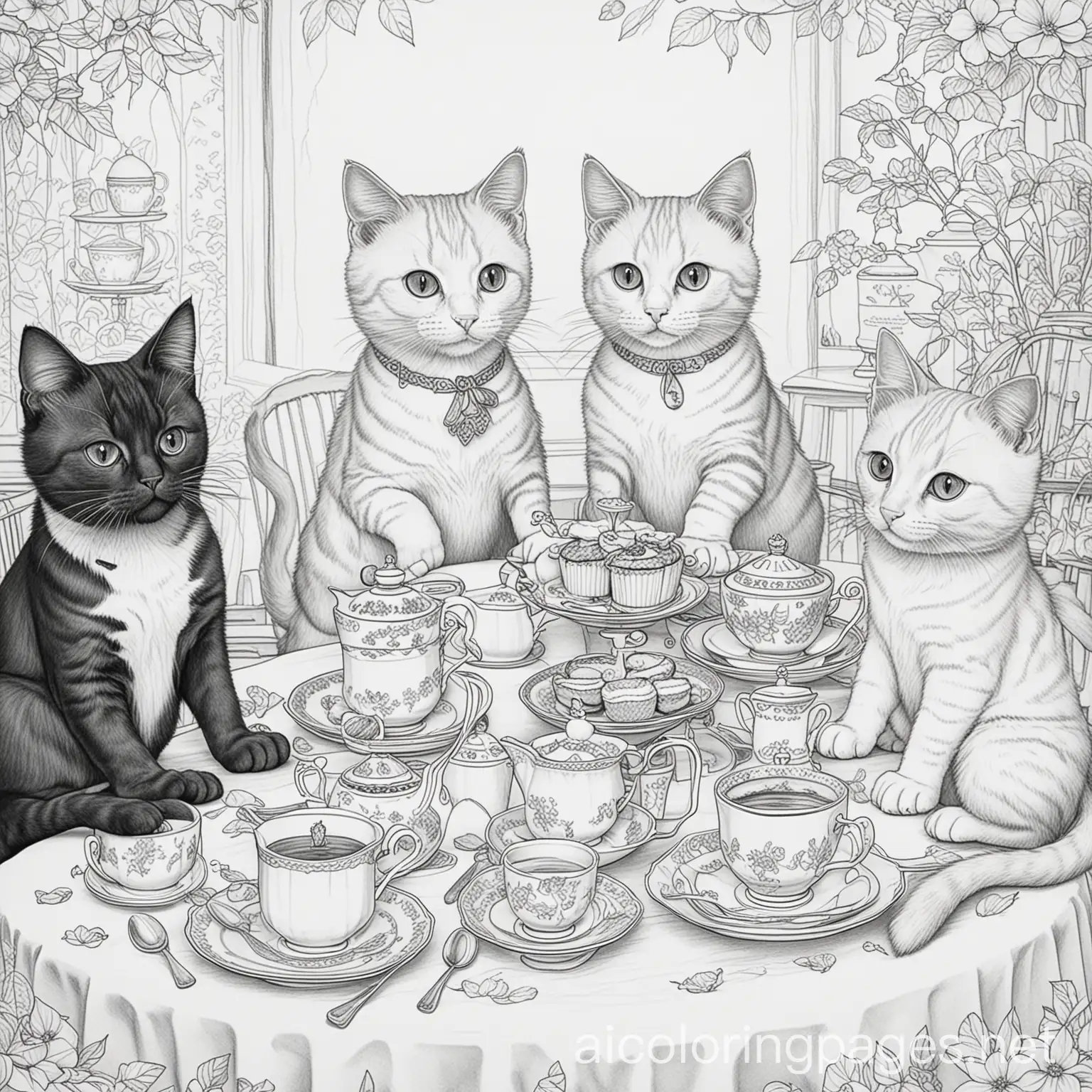 Generate a coloring page with cats at a tea party with exactly 97 pieces to color, Coloring Page, black and white, line art, white background, Simplicity, Ample White Space.